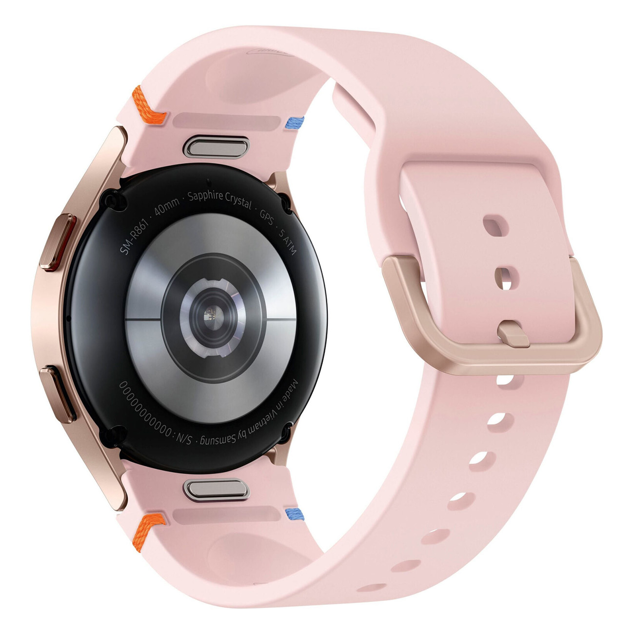 Rosafarbene Smartwatch mit rosa Armband, Rückseite sichtbar. Weißer Hintergrund.