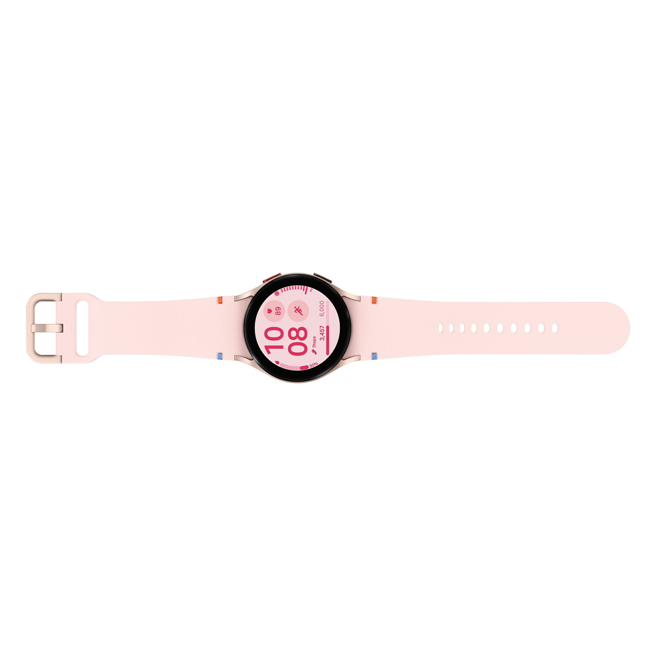 Rosafarbene Smartwatch mit rosafarbenem Armband. Die Uhr zeigt Zeit und andere Fitness-Metriken an.