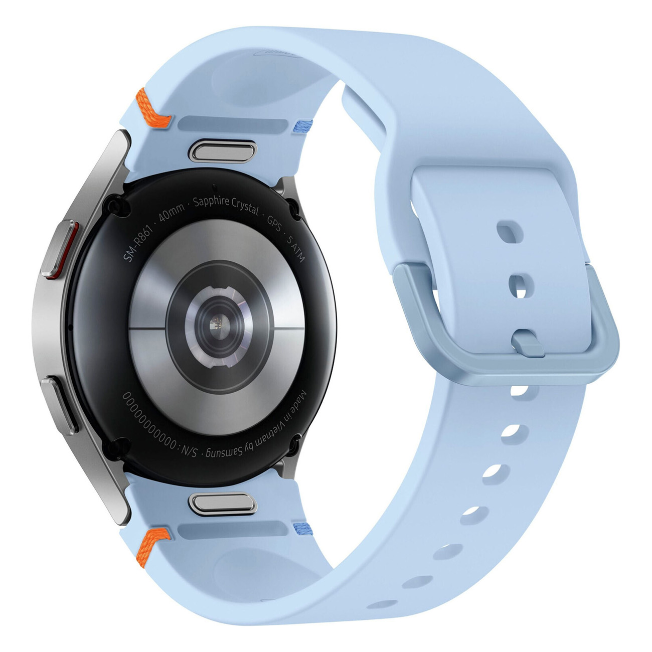 Hellblaue Smartwatch mit hellblauem Armband, schwarze Rückseite mit Schrift.