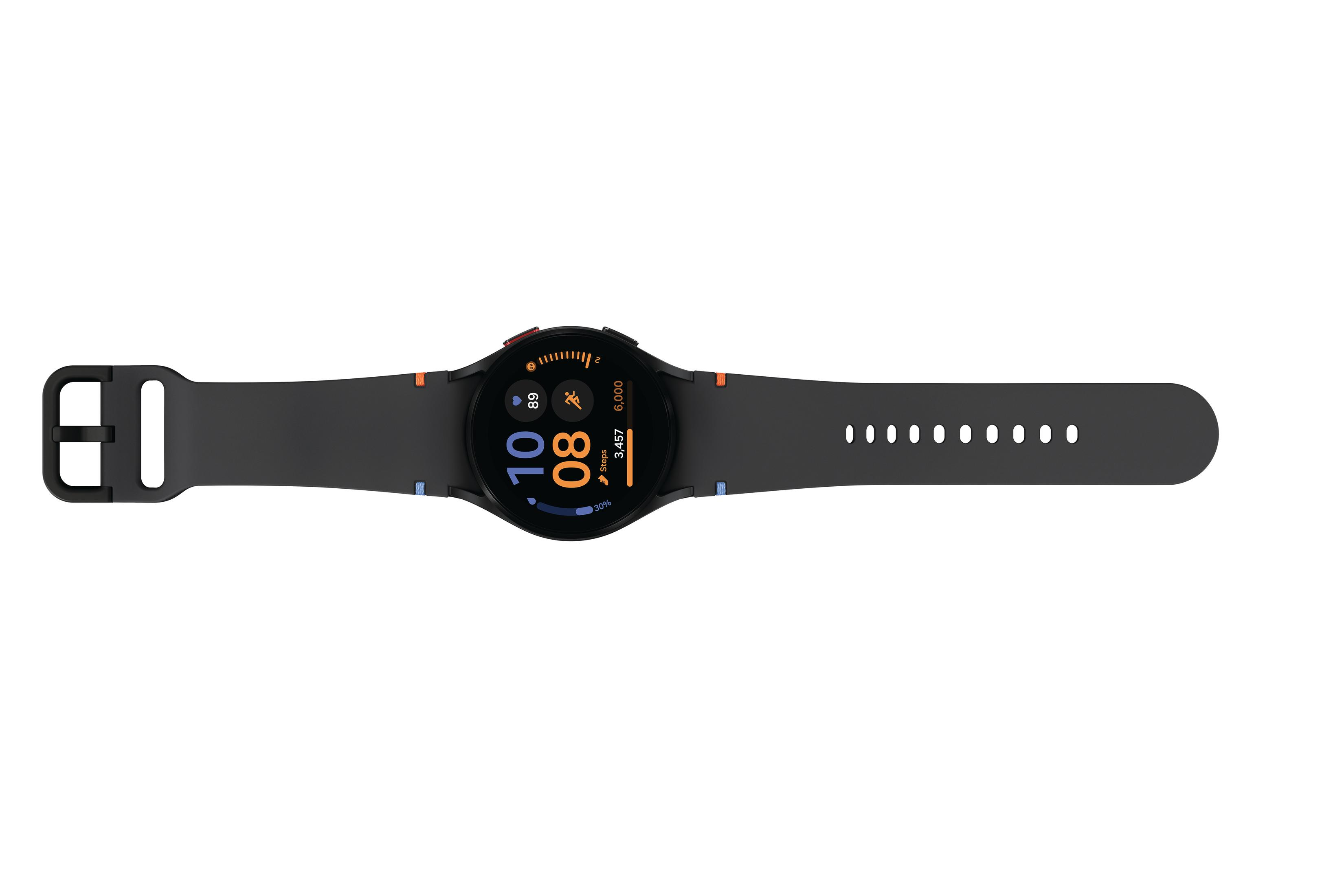 Smartwatch Samsung nero con cinturino nero, piatto su superficie bianca.