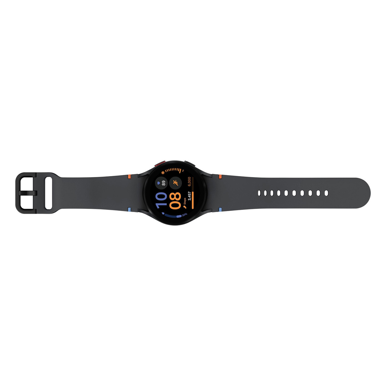 Smartwatch con cinturino nero, che mostra ora e metriche di attività.