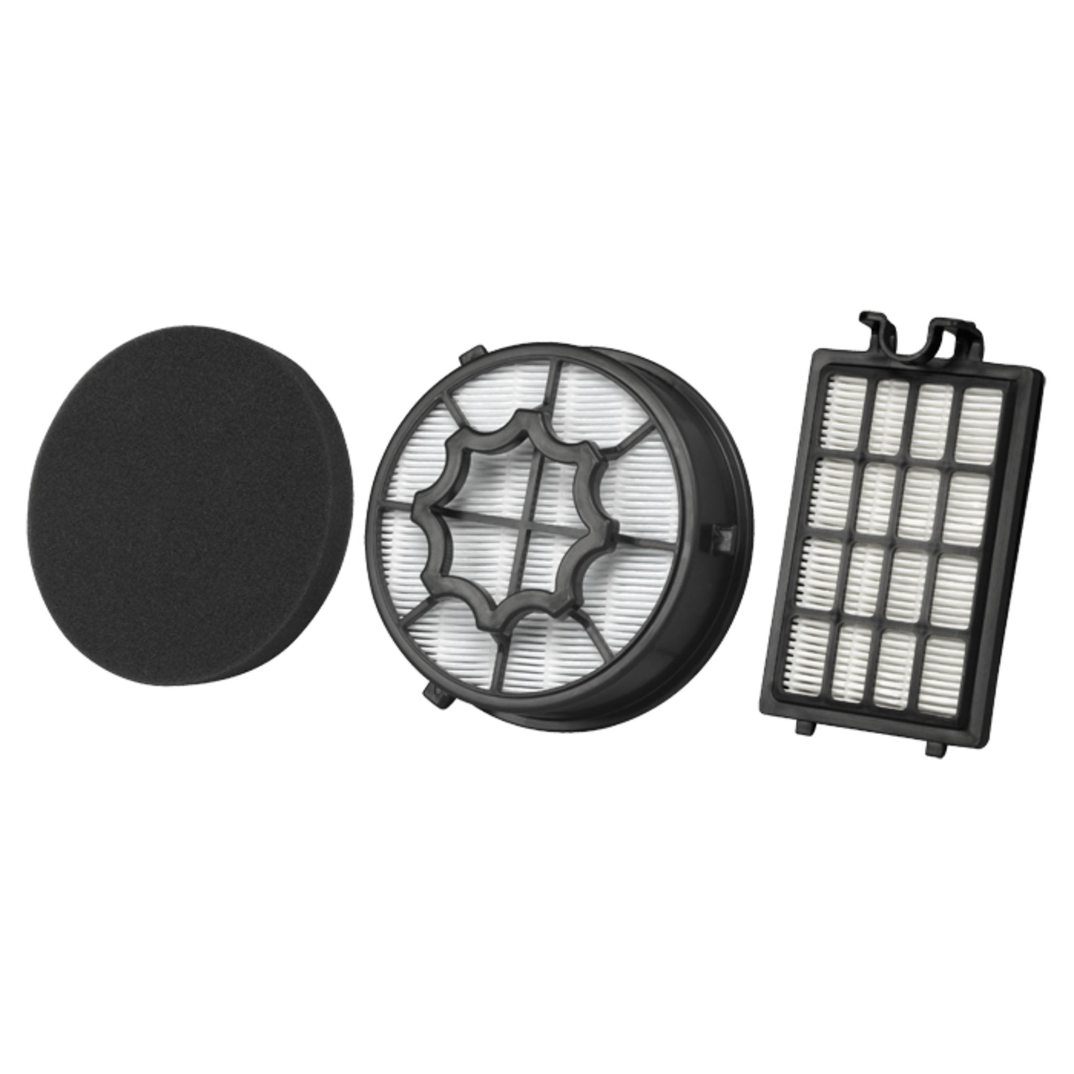 Filtry do odkurzacza, w tym czarny filtr piankowy, okrągły filtr i prostokątny filtr.