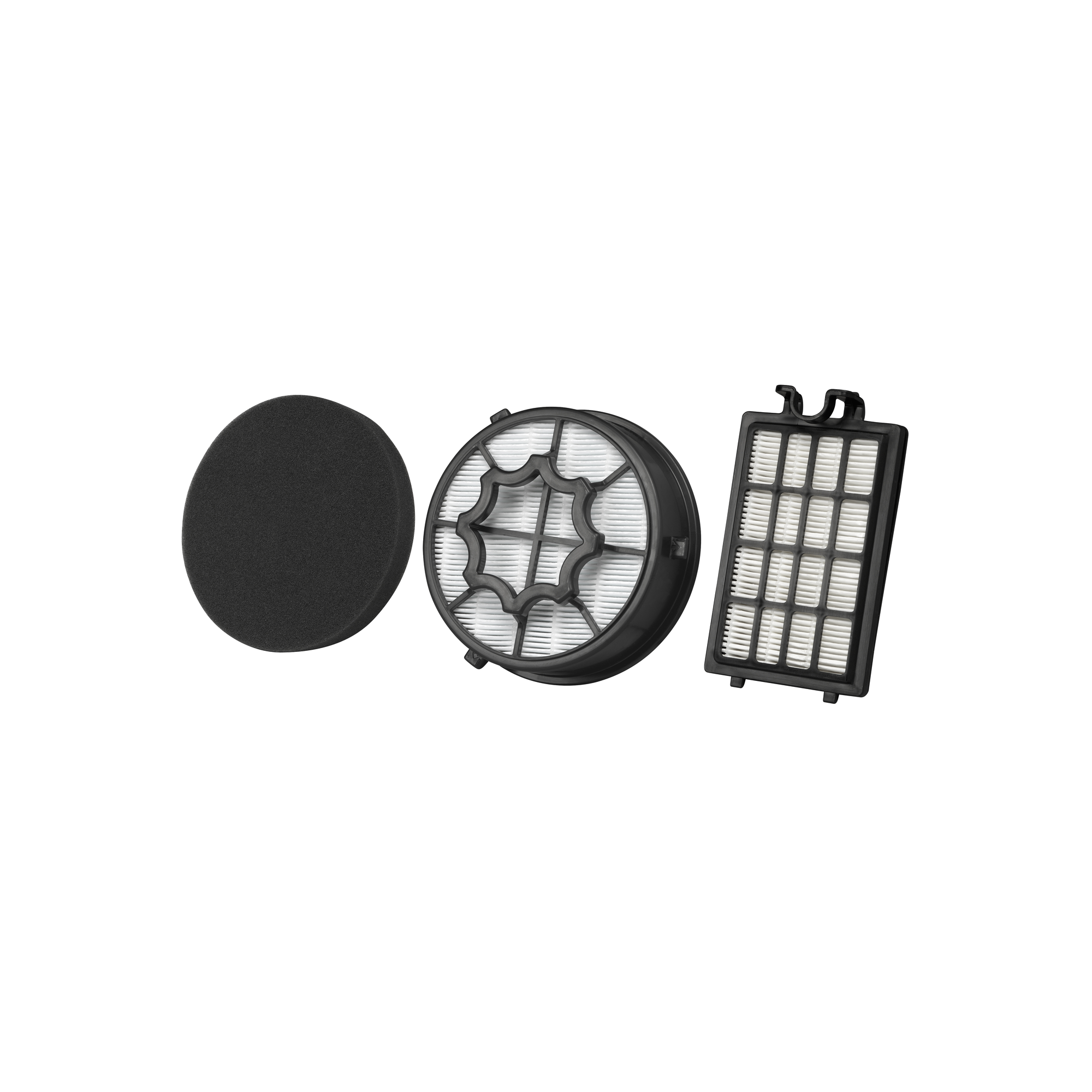 Trzy filtry do odkurzacza. Piankowe koło, filtr cylindryczny i prostokątny.