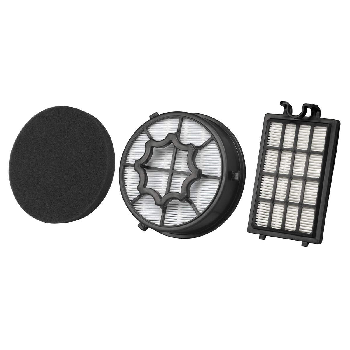 Trzy filtry do odkurzacza. Jeden okrągły z pianki, jeden okrągły plisowany z siatką i filtr prostokątny.
