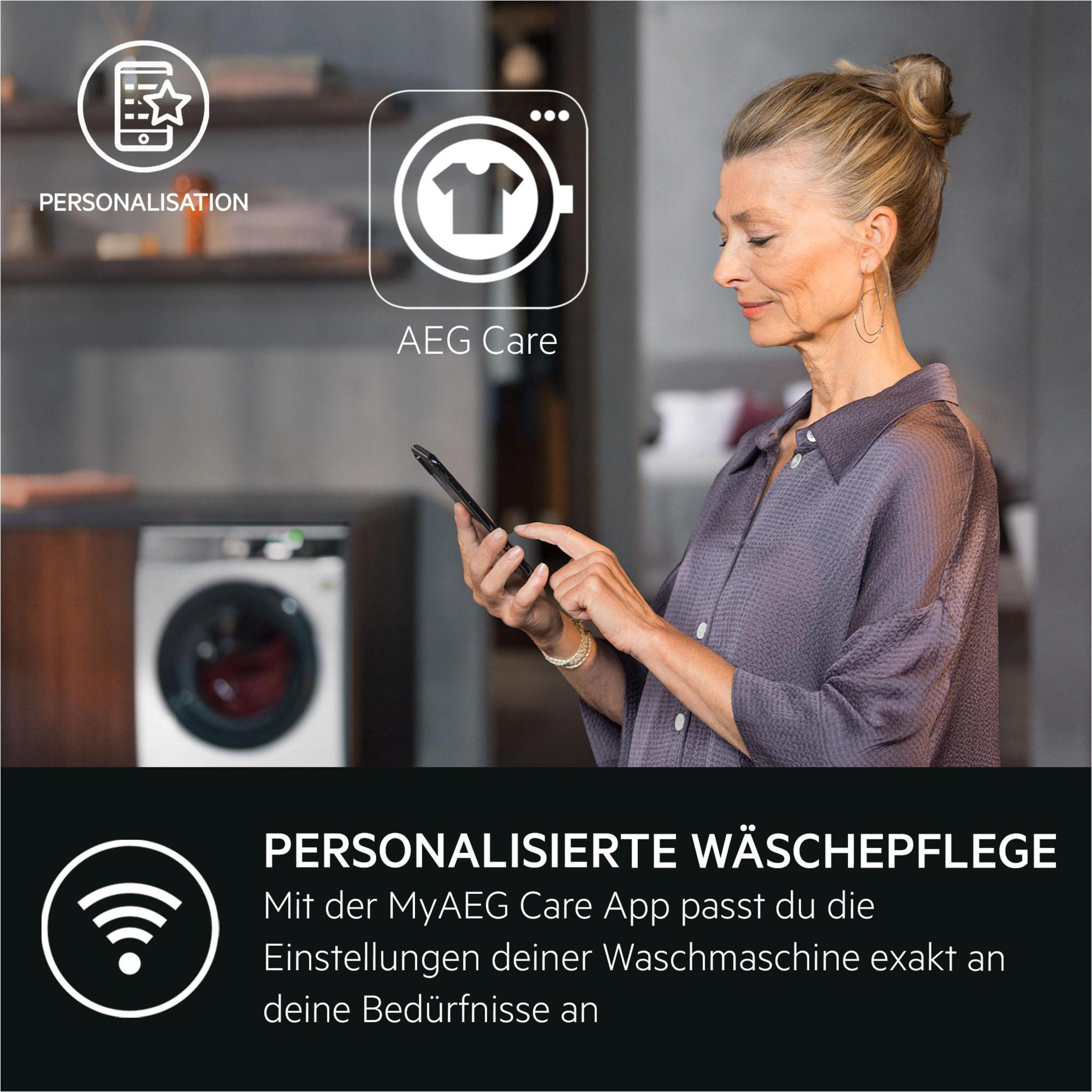 Frau mit Dutt blickt auf Smartphone. Grafiken für die AEG Care App und Waschmaschine im Hintergrund.