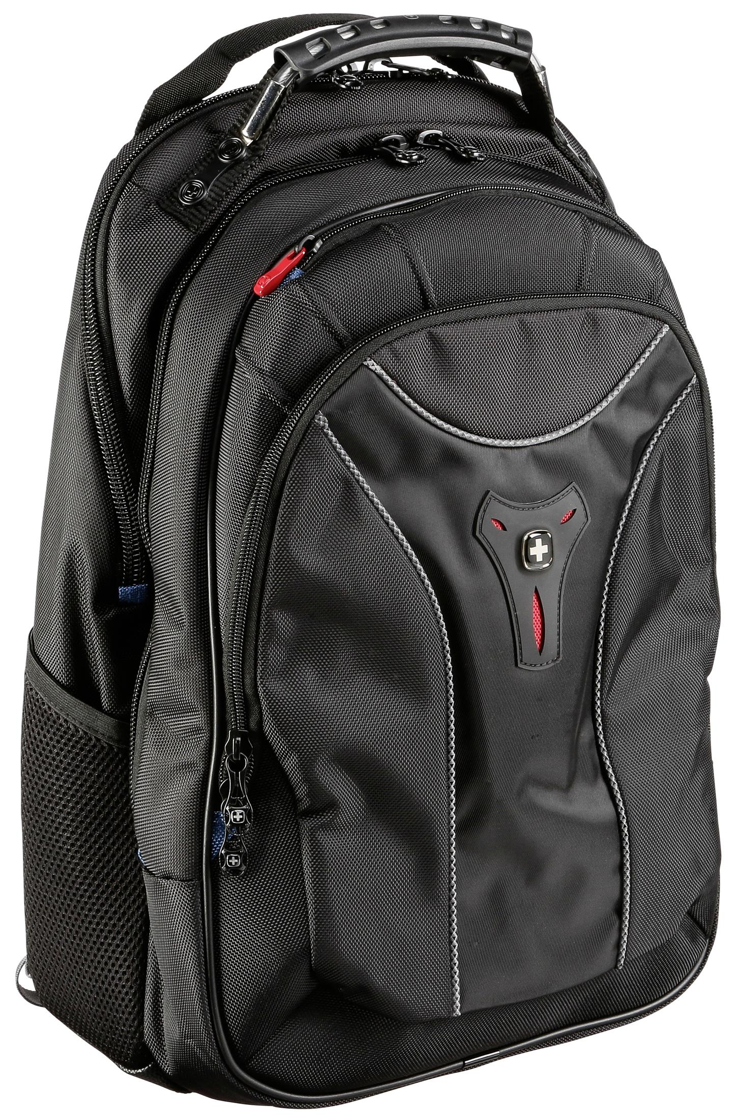 Schwarzer Rucksack mit mehreren Fächern, Reißverschlüssen und einem Griff. Swiss Logo sichtbar.