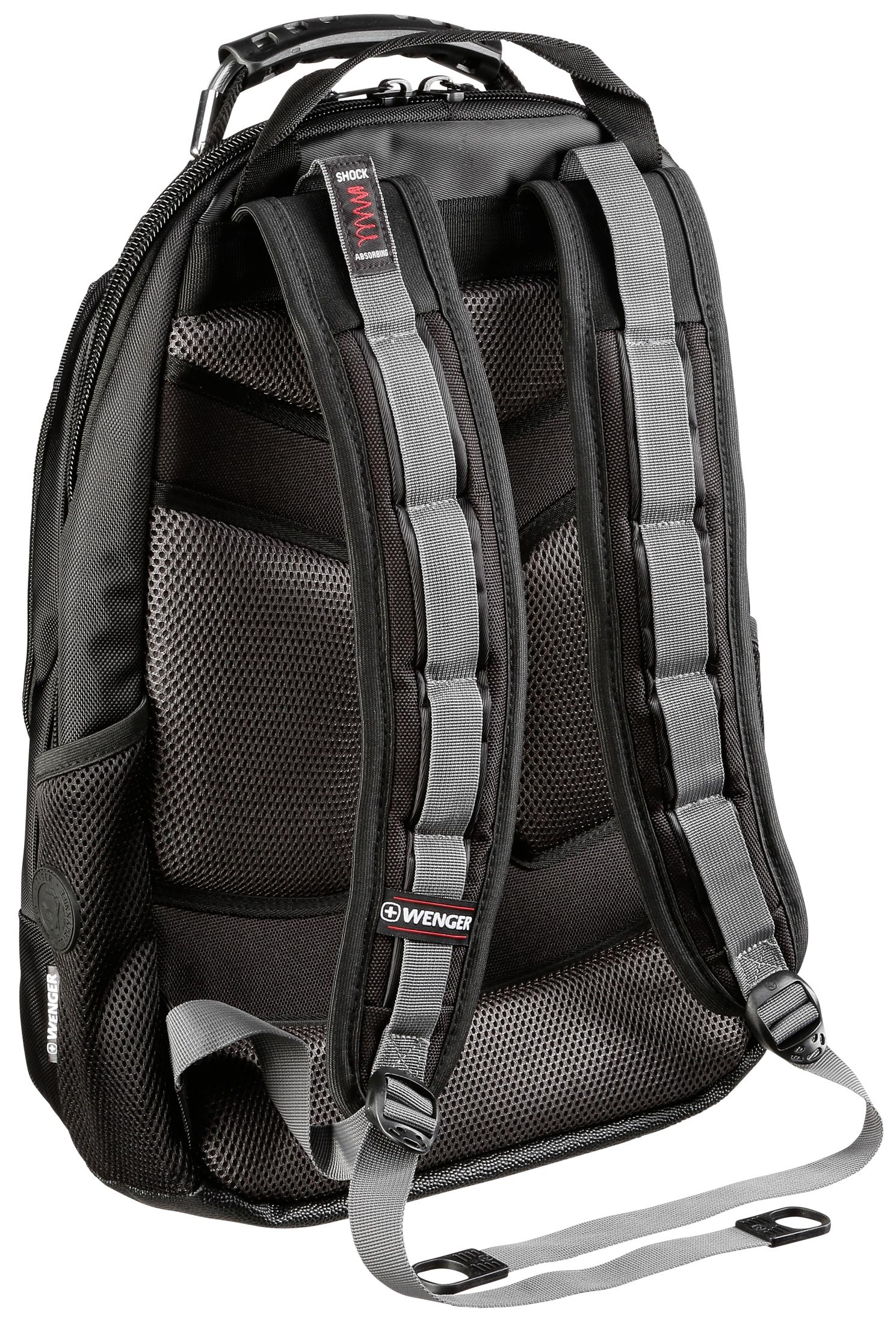 Schwarzer Rucksack Rückansicht mit grauen Trägern, Mesh-Rücken und Wenger-Logo.