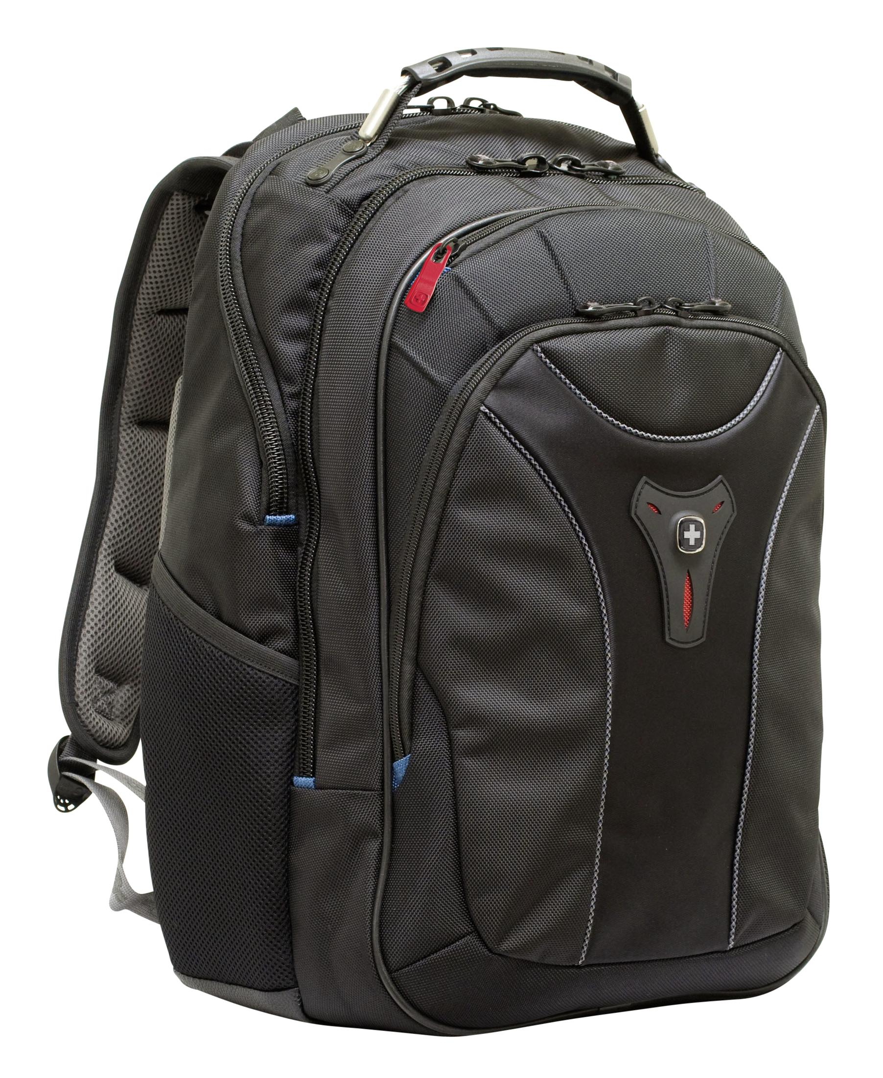 Schwarzer Rucksack, Vorderansicht, mit roten Reißverschlusszippern und weißen Nähten.
