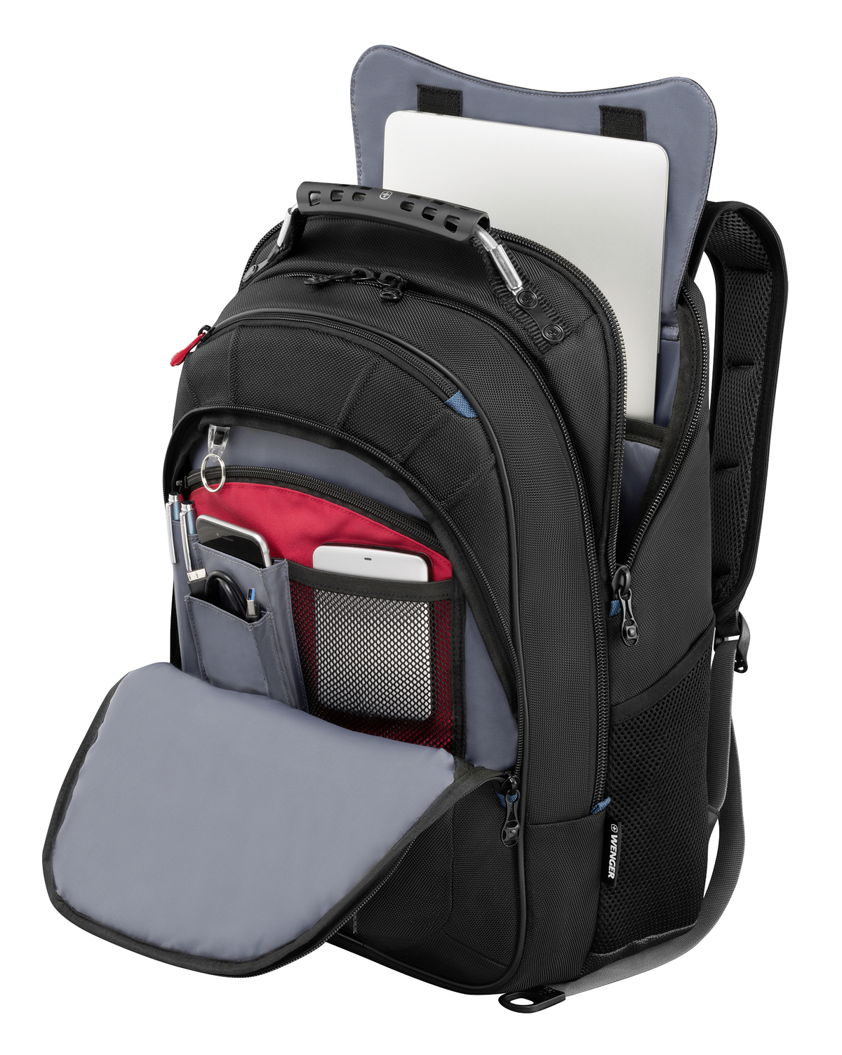 Schwarzer Rucksack, geöffnet, mit Laptop, Telefon, Stiften und anderen sichtbaren Gegenständen.