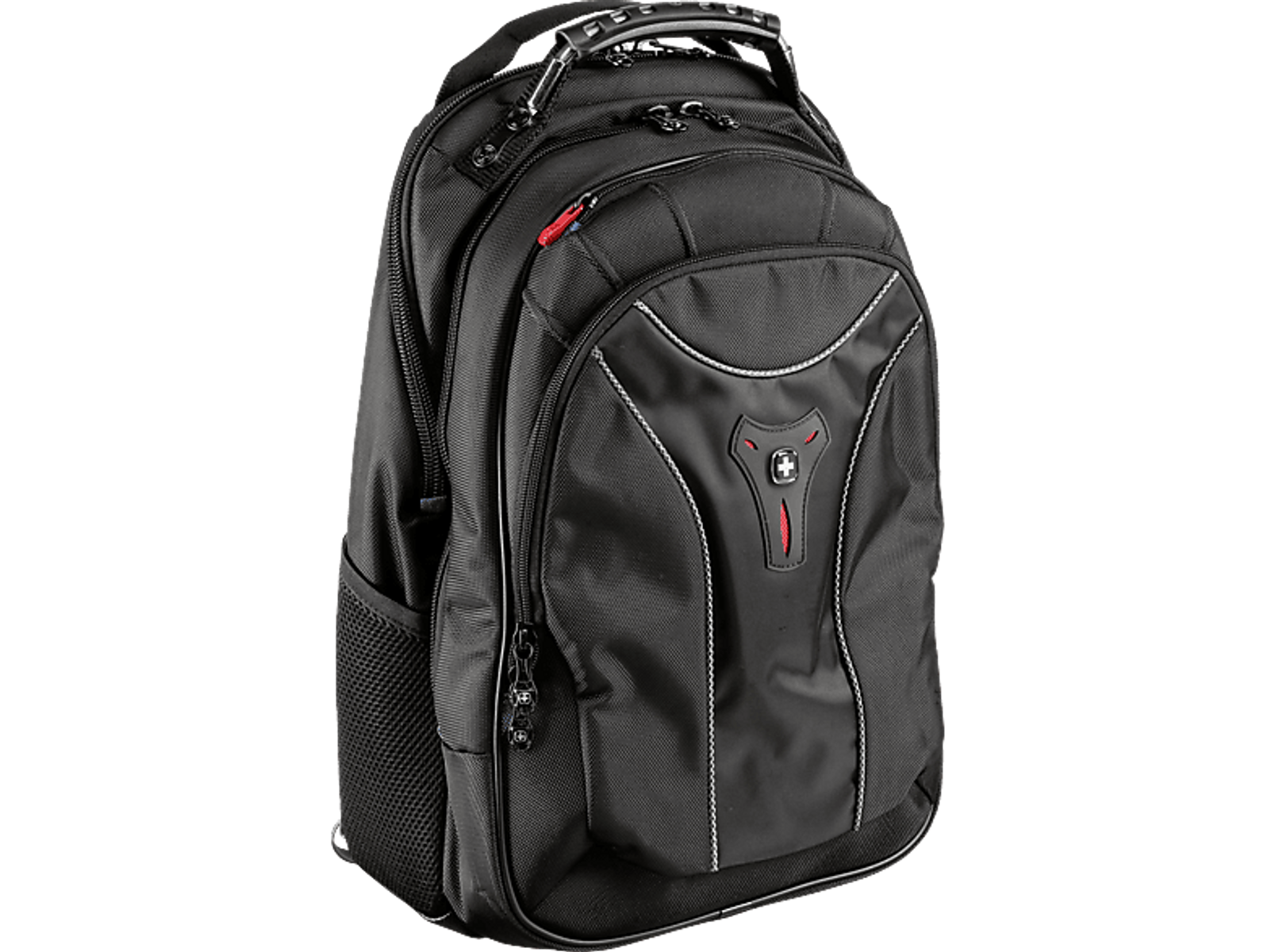 Schwarzer Rucksack, angewinkelte Ansicht, mit rotem Reißverschluss und weißen Nahtdetails.