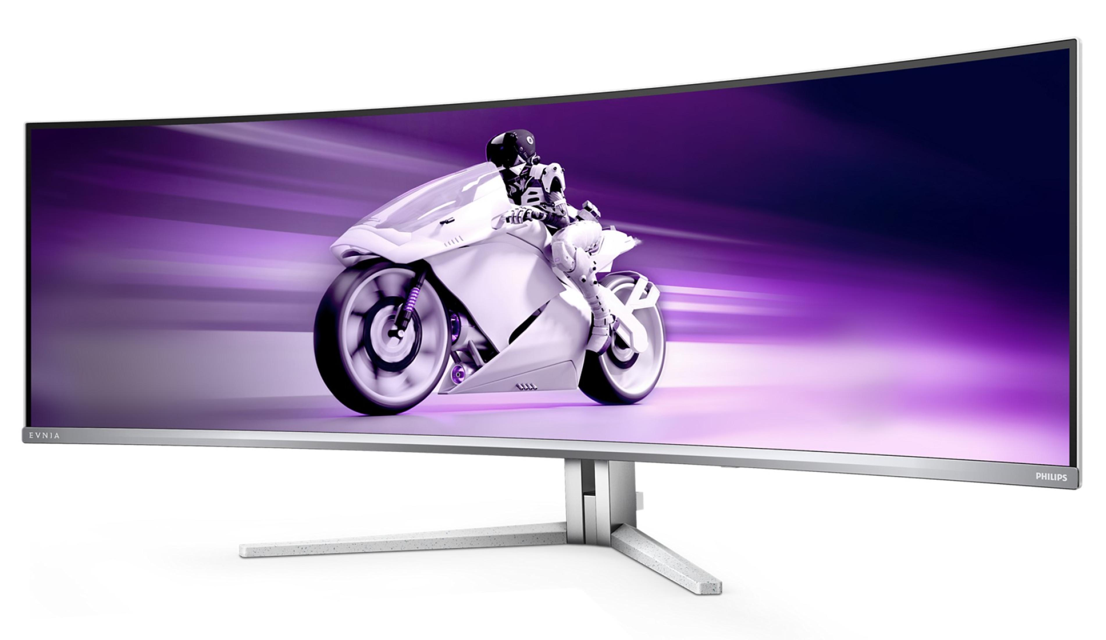 Zakrzywiony monitor z obrazem motocykla. Biały futurystyczny motocykl jest na ekranie. Podstawa jest biała.