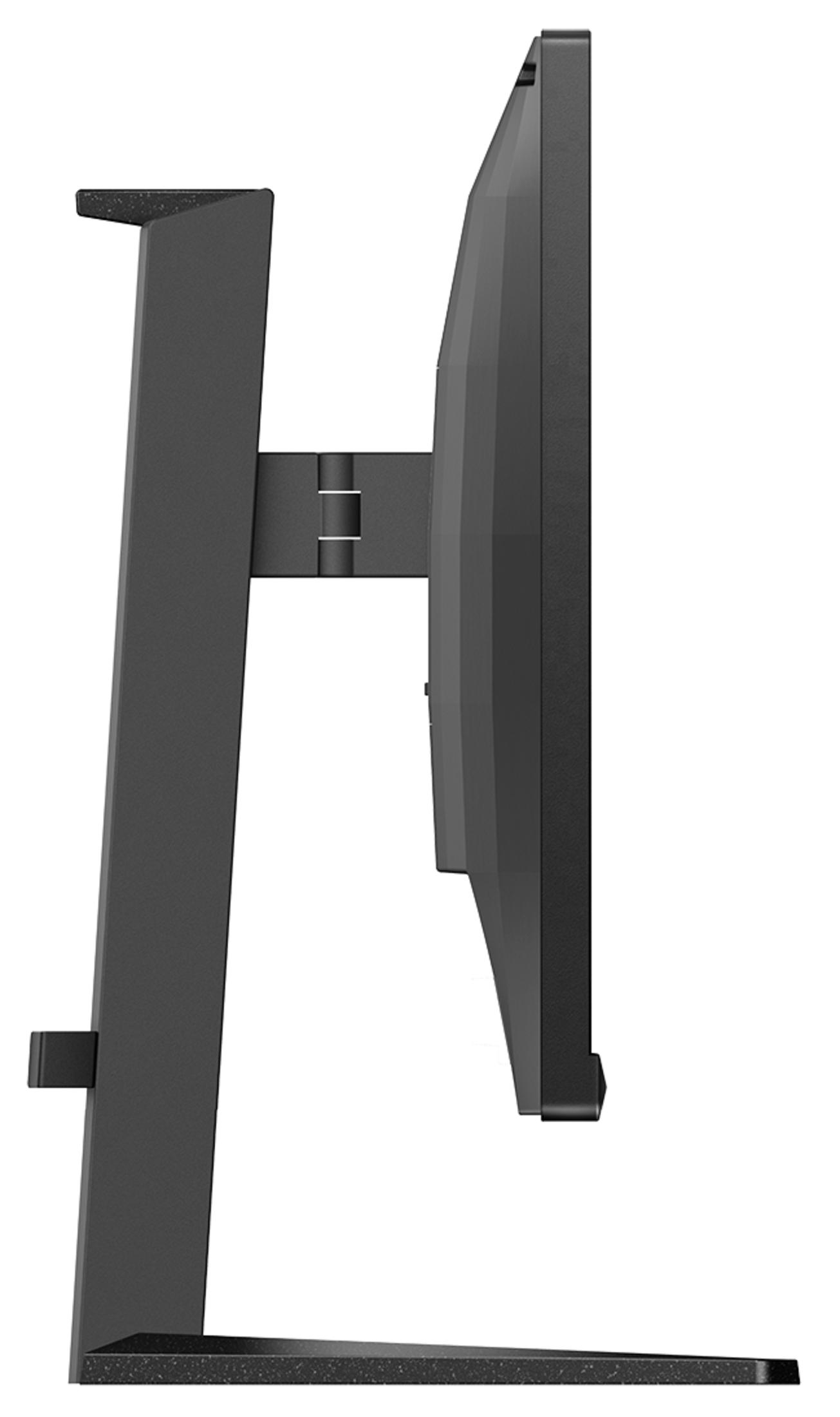 Widok z boku czarnego monitora komputerowego ze stojakiem na białym tle.
