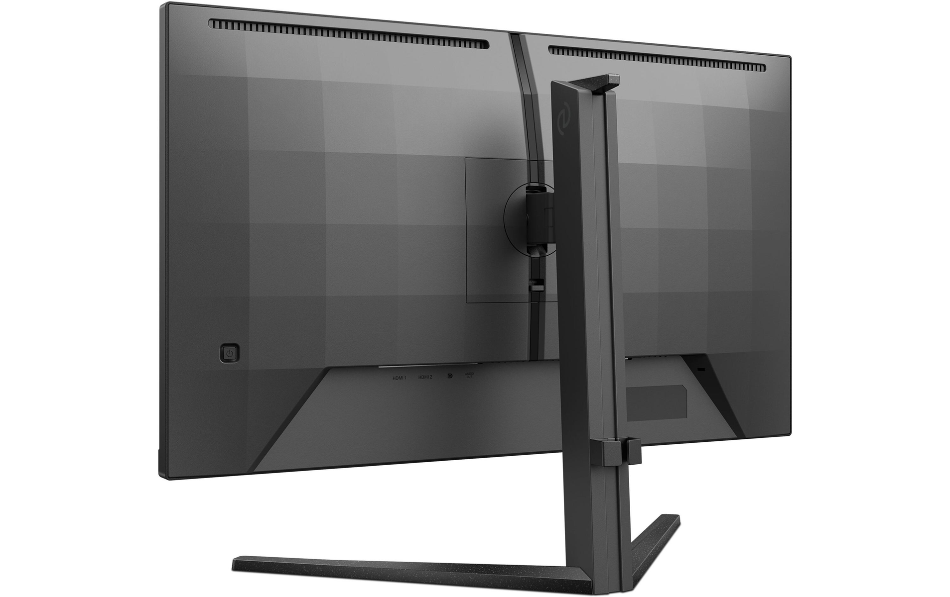 Widok z tyłu czarnego monitora z podstawą, portami i przyciskiem zasilania.