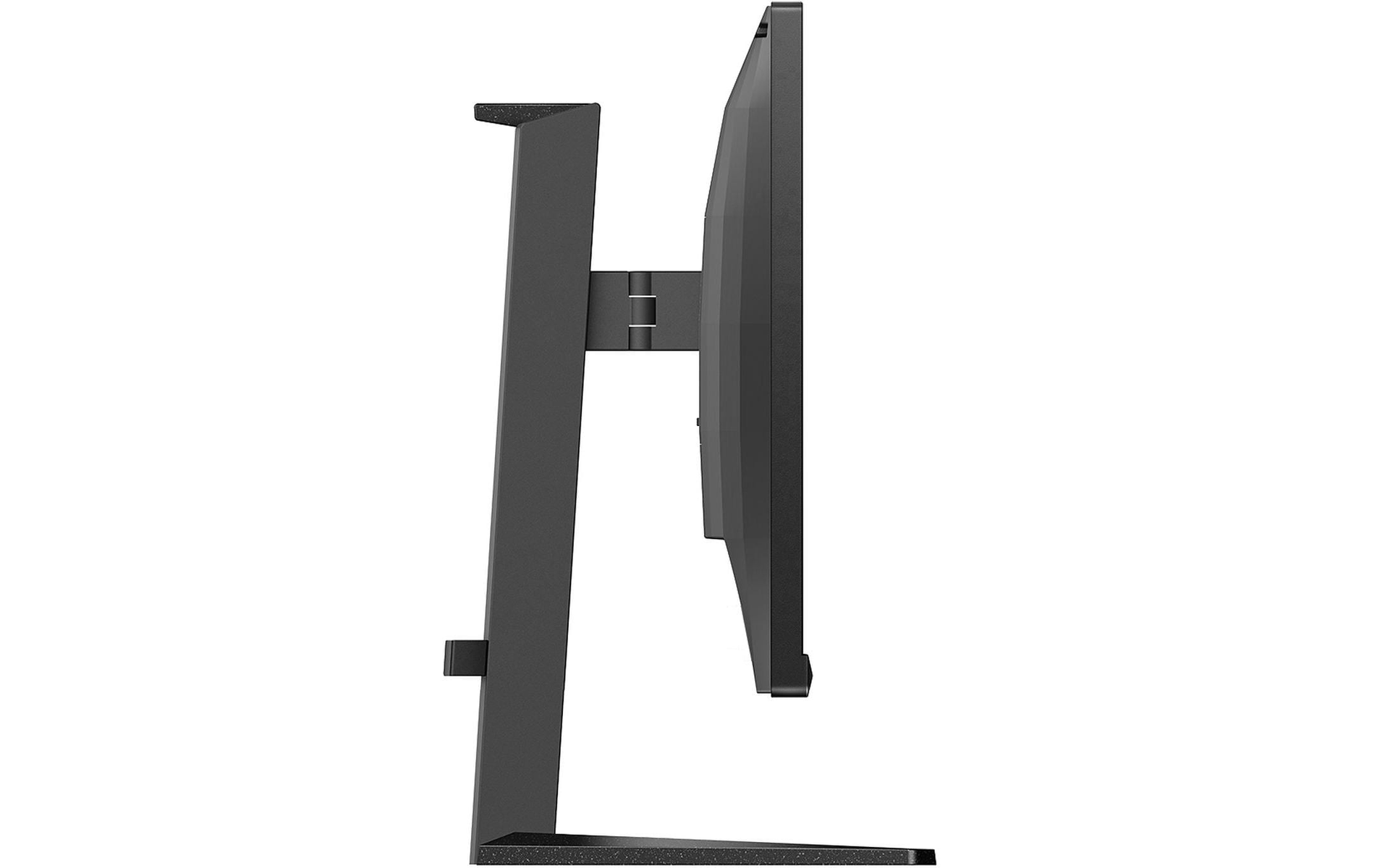 Widok z boku czarnego monitora komputerowego ze stojakiem, wyświetlającego ekran.