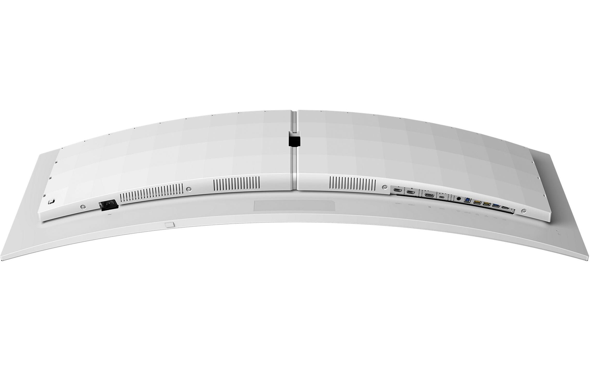 Tył zakrzywionego białego monitora z portami i złączami.