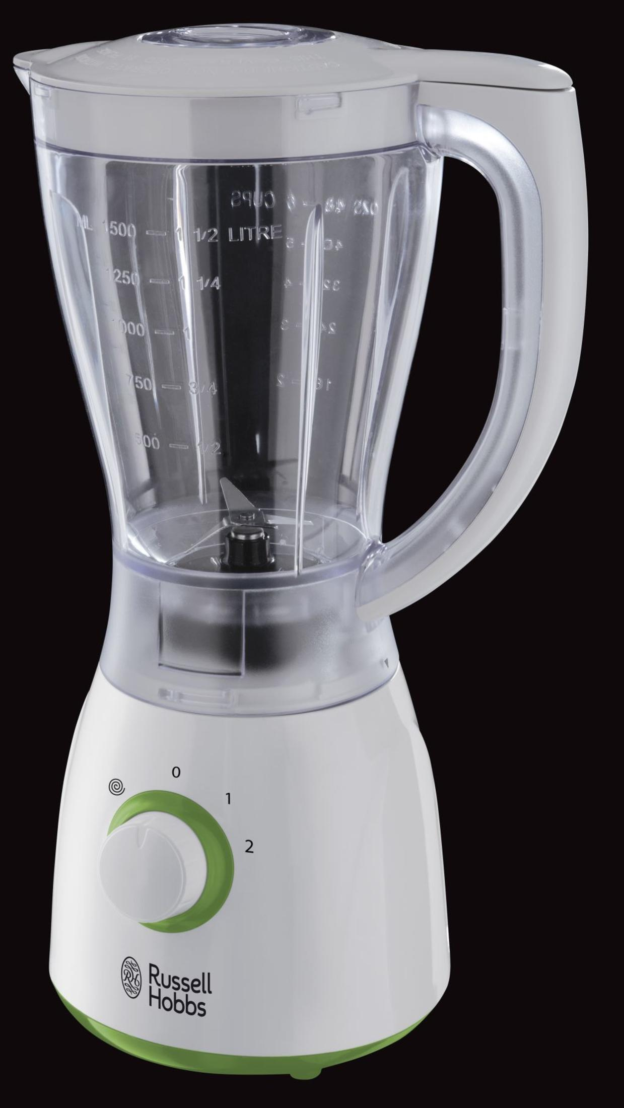 Frullatore bianco e trasparente con base verde e sfondo nero.