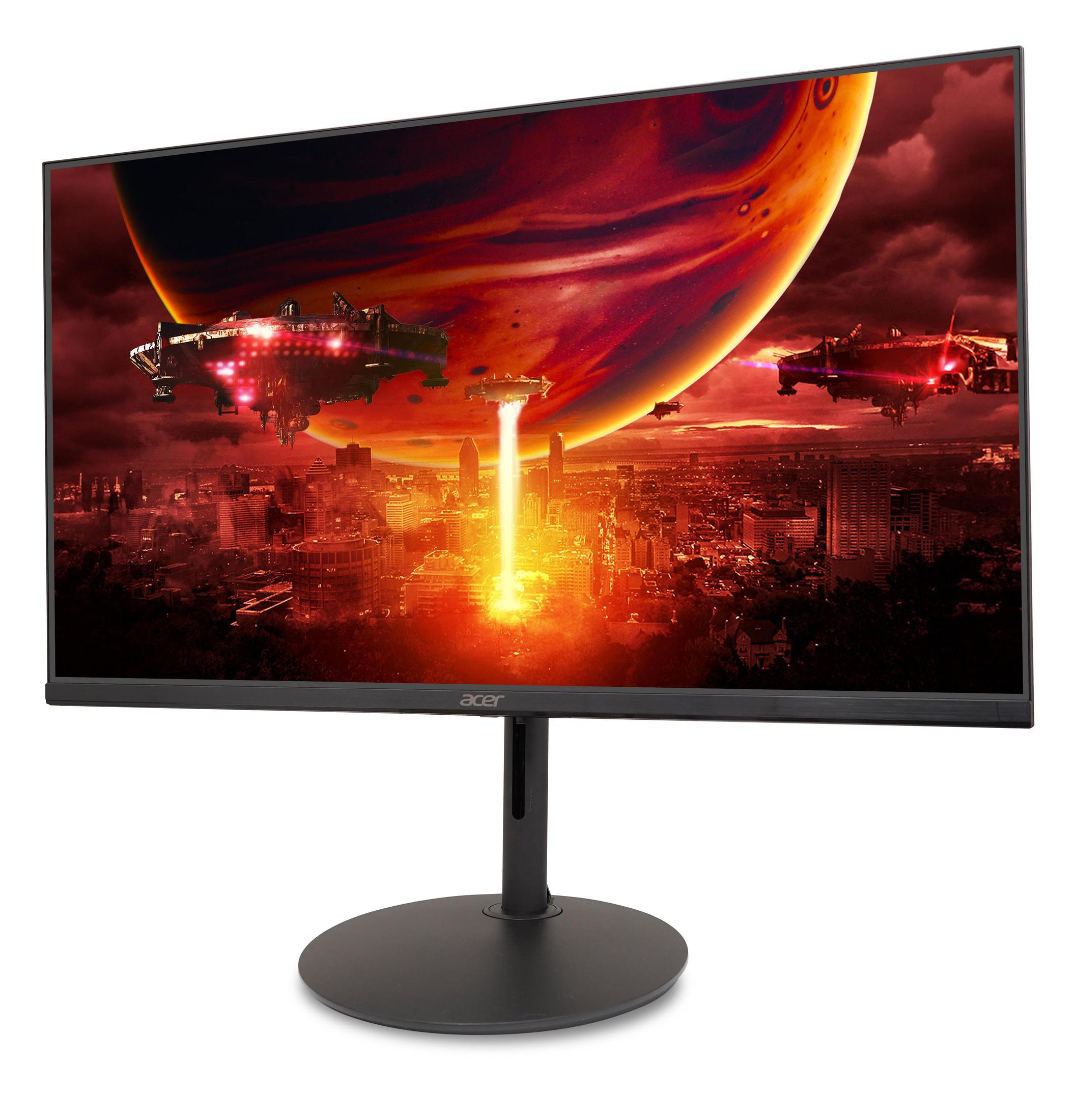 Monitor Acer que muestra una escena de ciencia ficción con naves espaciales sobre una ciudad.