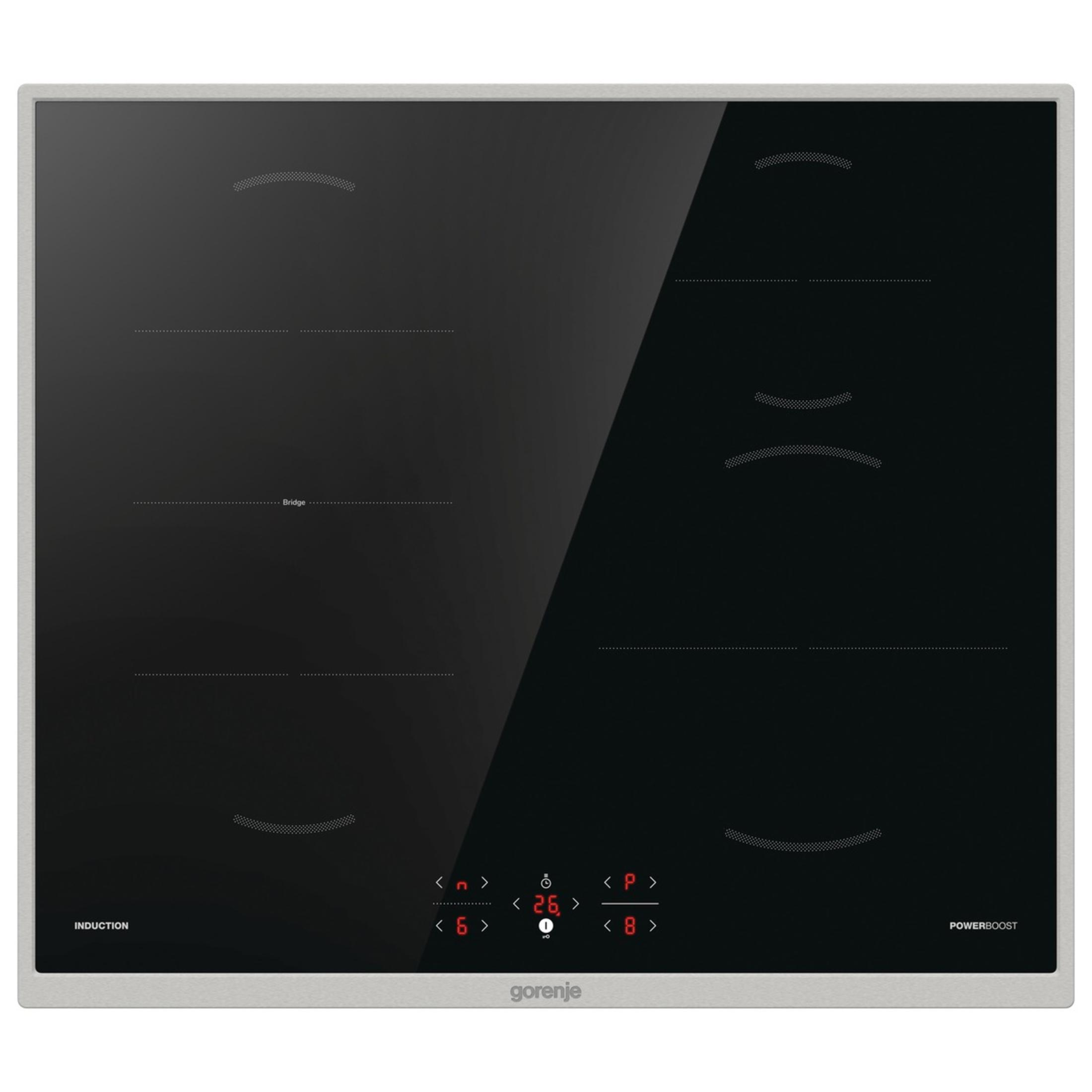 Schwarzes Induktionskochfeld mit vier Kochzonen, silbernem Rahmen und Digitalanzeige.