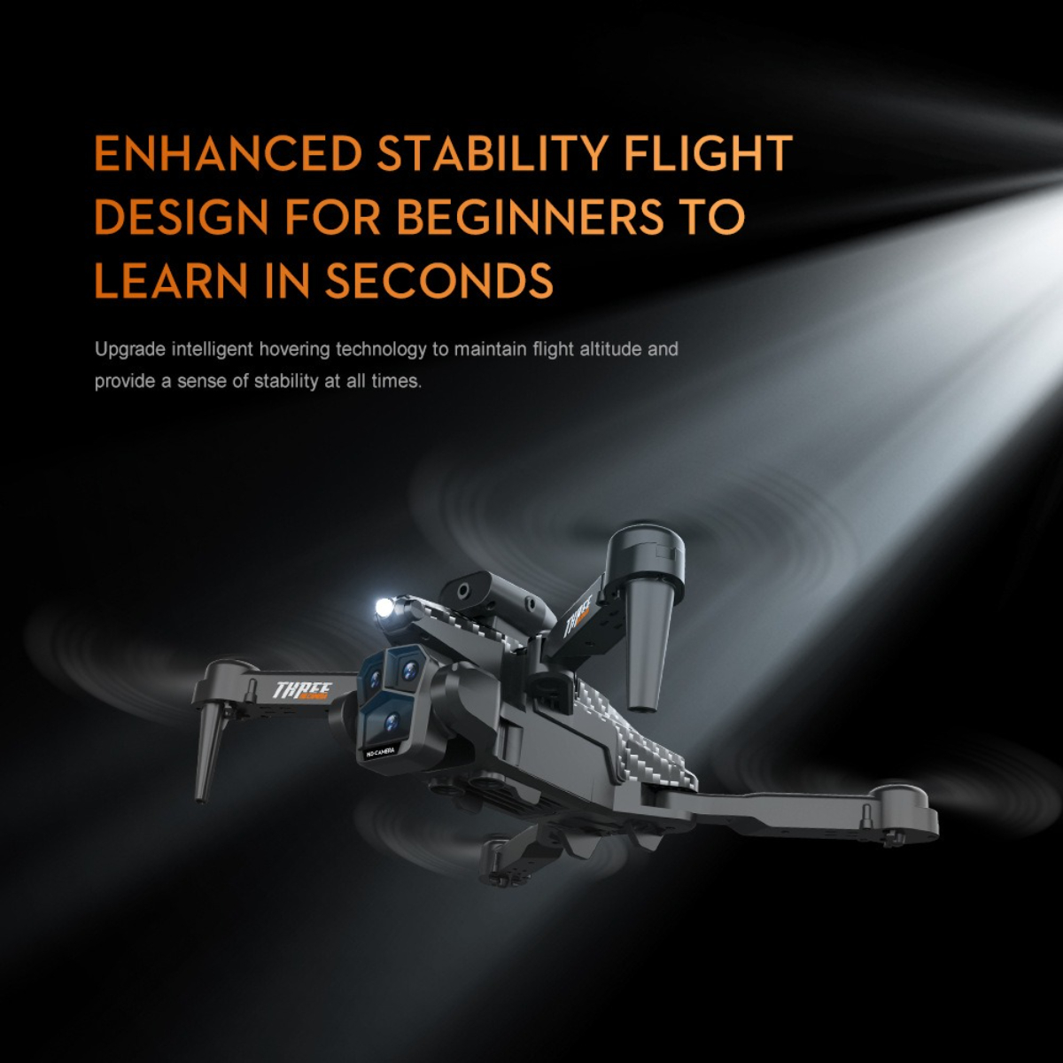 Schwarze Drohne mit Lichtern, Propellern und Text: 'ENHANCED STABILITY FLIGHT'.