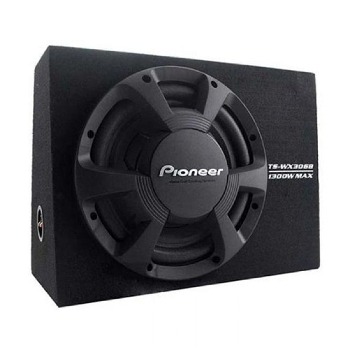 Ein schwarzer Pioneer-Subwoofer mit großem Lautsprecher und dem Markennamen prominent auf der Vorderseite.