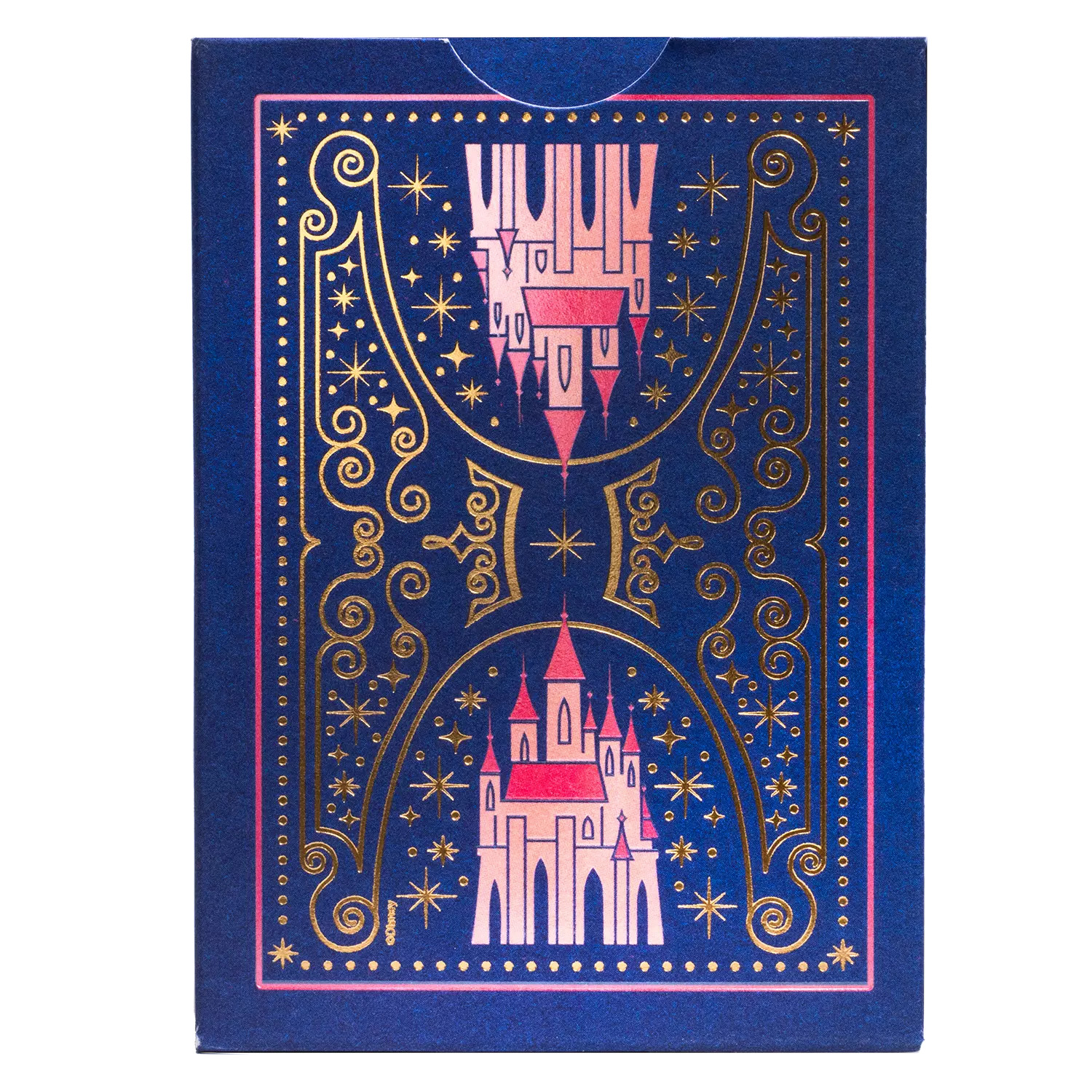 Disney-Spielkarten in einer Box. Blaue Box mit rosa und goldenen Akzenten. Burg-Design.