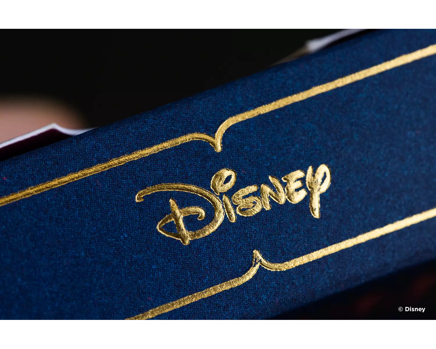 Nahaufnahme einer marineblauen Box mit goldenem Disney-Logo und -Besatz. Die Box befindet sich auf einer dunklen Oberfläche.