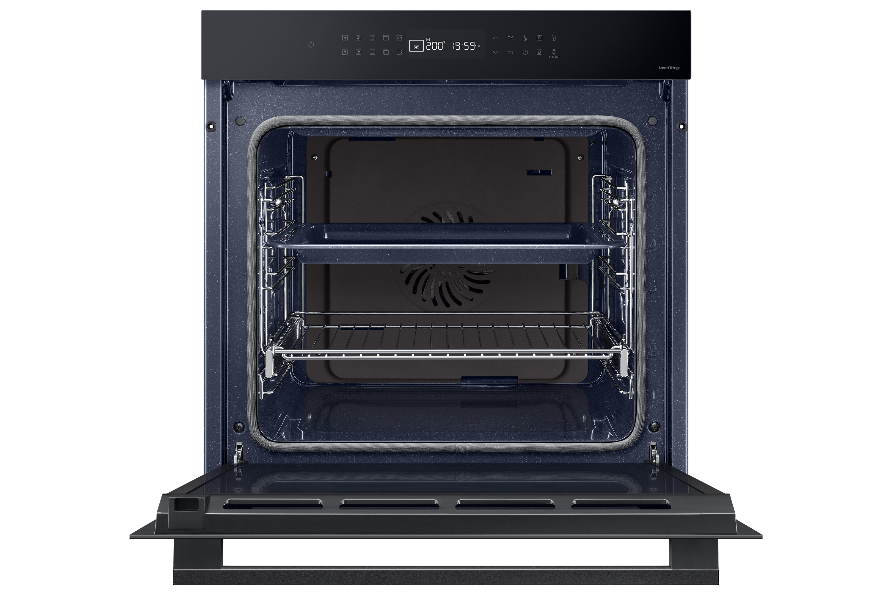 Un forno aperto con due griglie all'interno, visto frontalmente.
