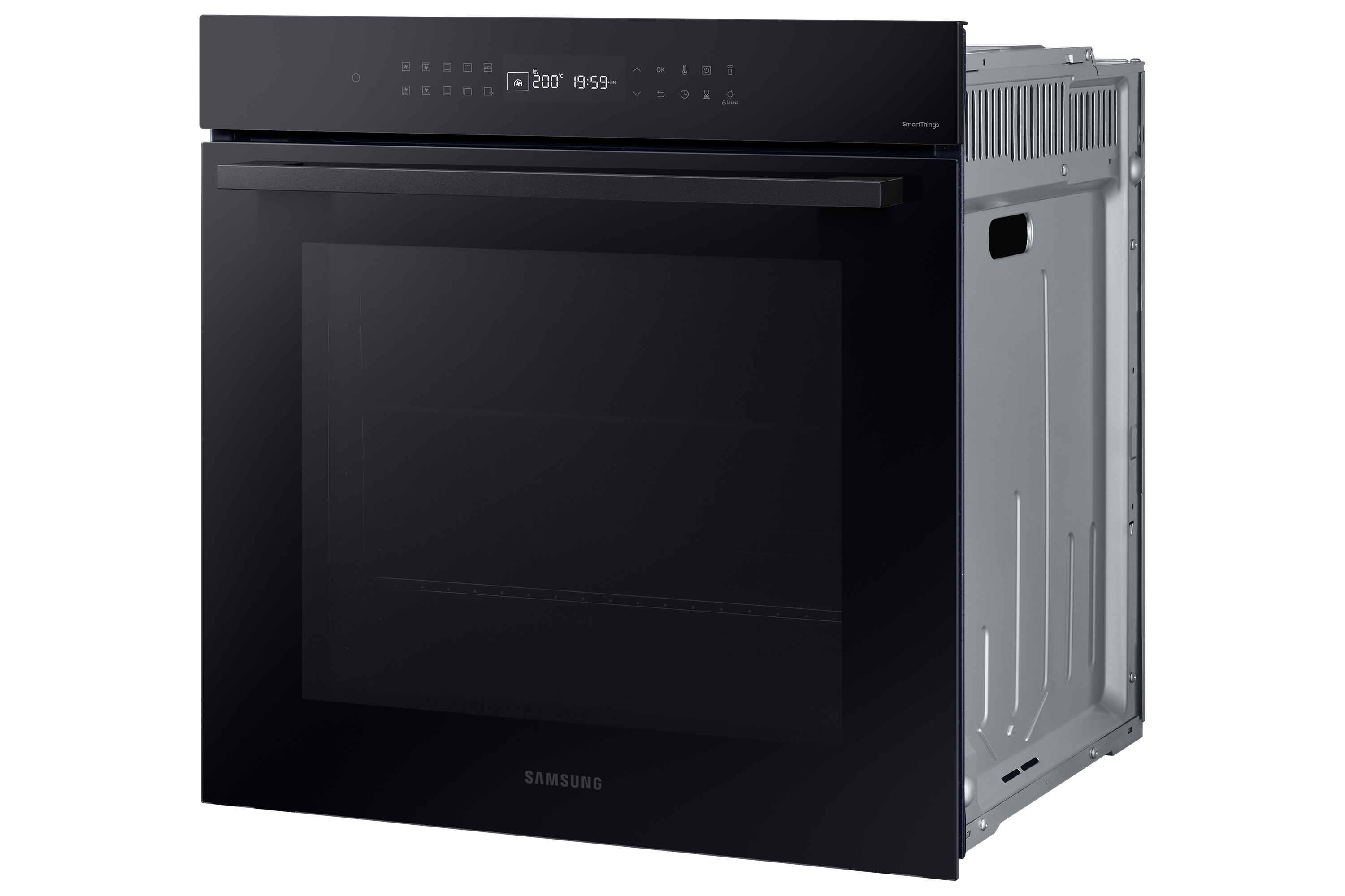 Forno Samsung nero con porta aperta, che mostra l'interno.