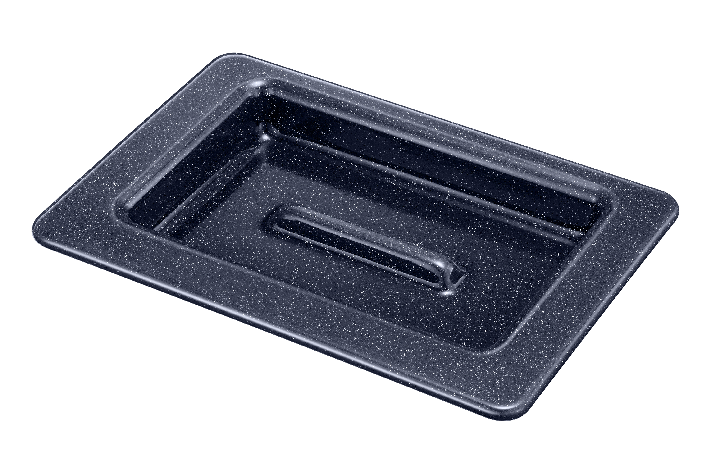 Teglia rettangolare blu scuro con manico, superficie macchiata.