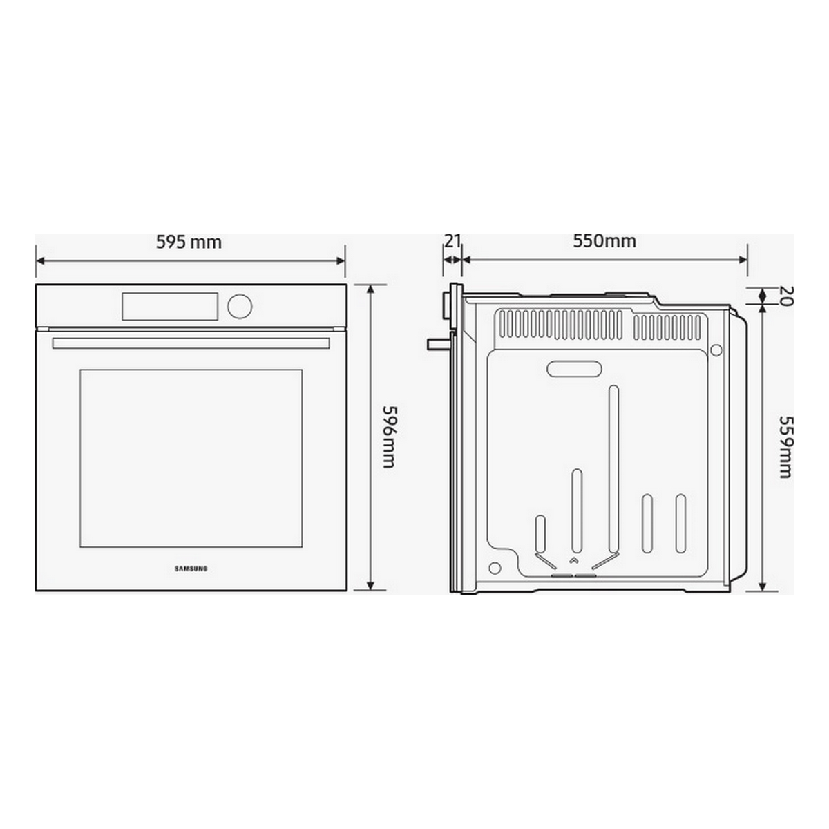 Diagramma di un forno Samsung nero, che mostra le dimensioni: 595 mm x 596 mm x 550 mm.