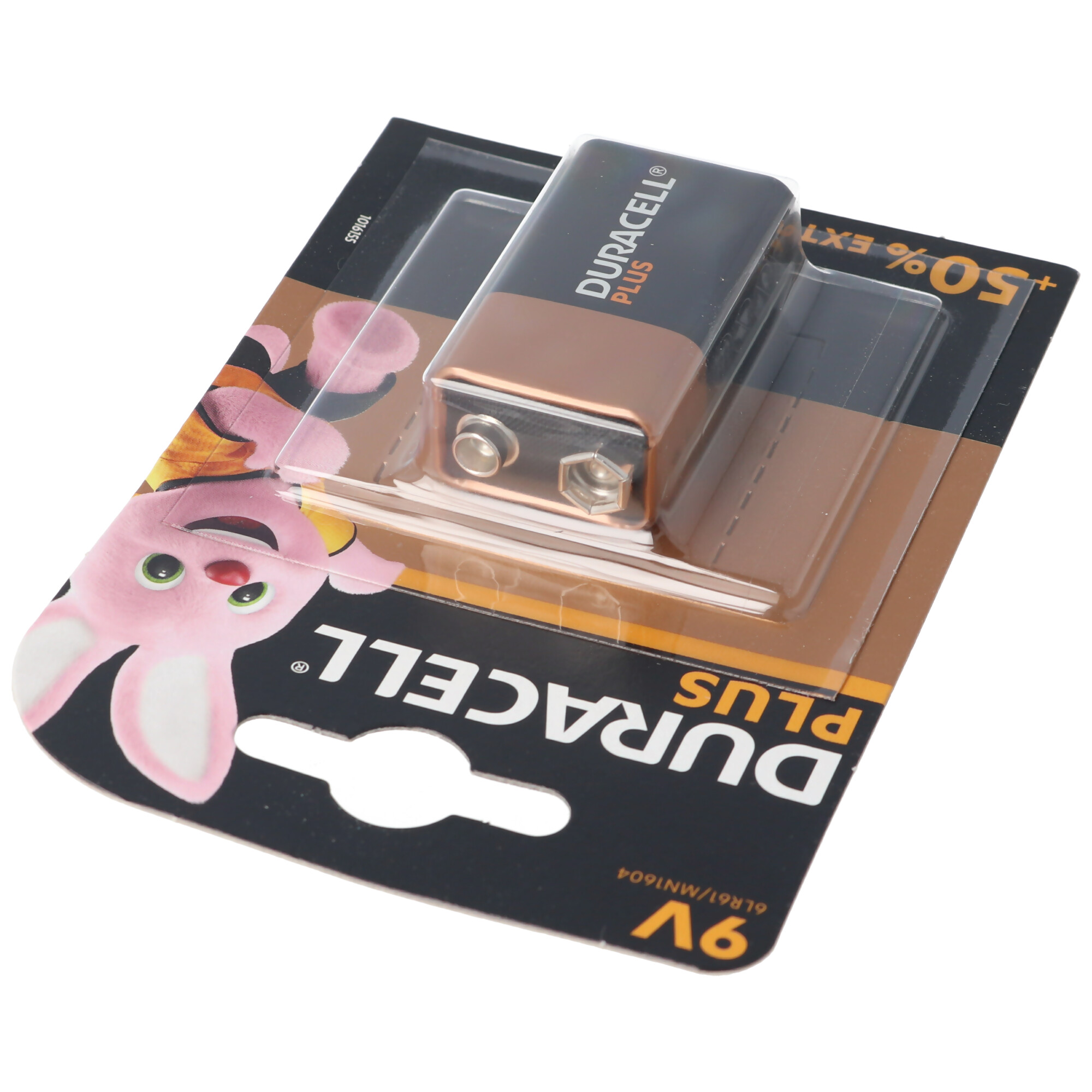 Opakowanie baterii Duracell Plus 9V na białym tle.