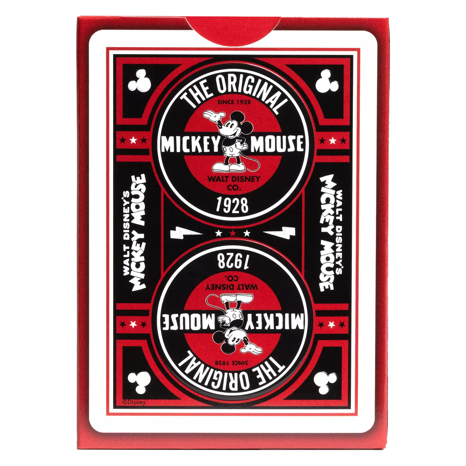 Dos d'une boîte de cartes à jouer Mickey Mouse, avec bordure rouge et détails noirs.