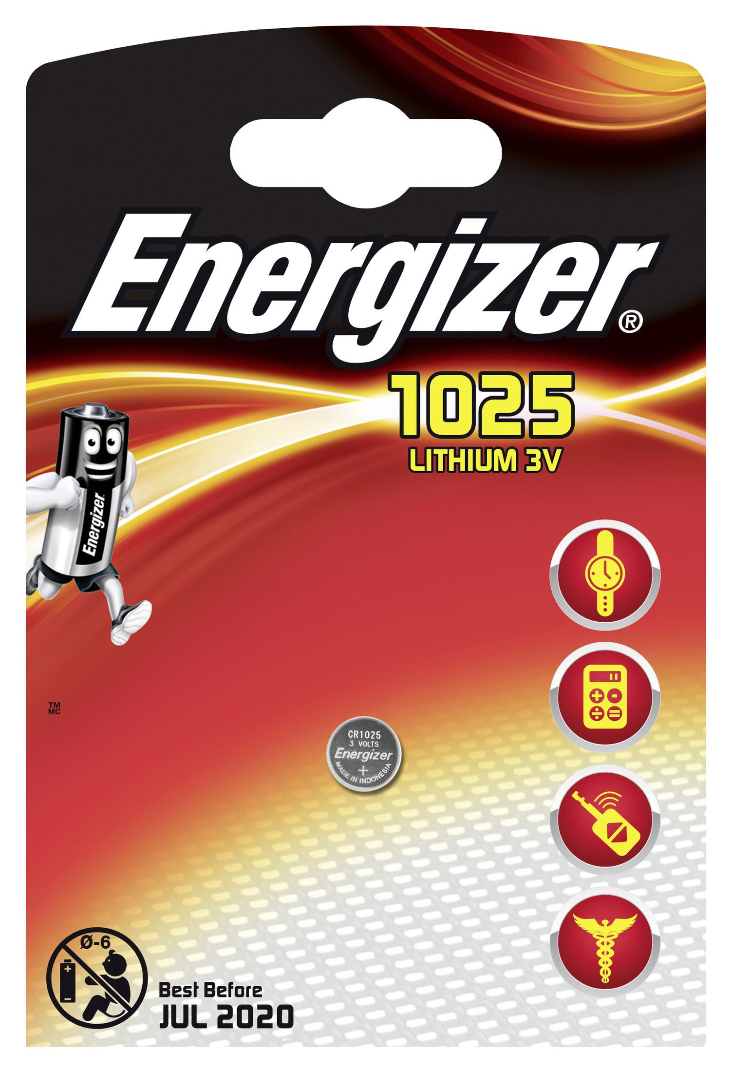 Opakowanie baterii litowej Energizer 1025. Ma czerwono-czarny design z baterią i ikonami.