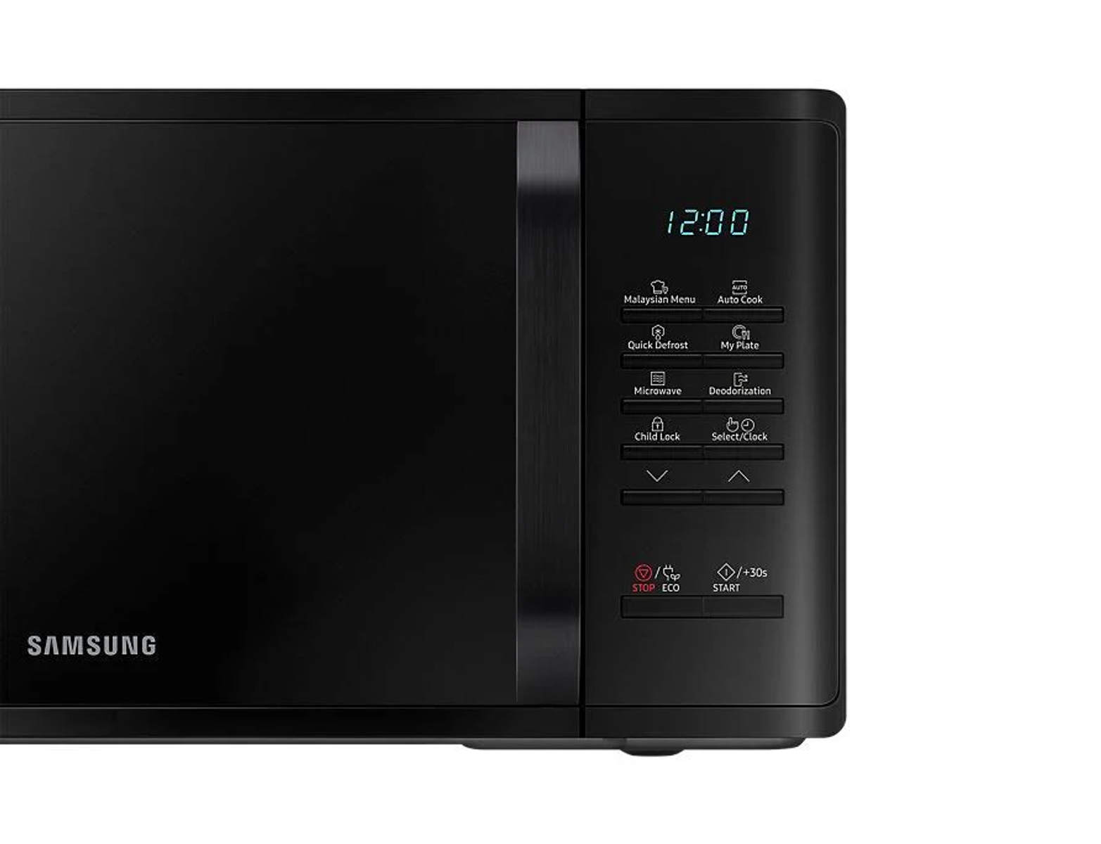 Forno a microonde Samsung nero con pannello di controllo su sfondo bianco.