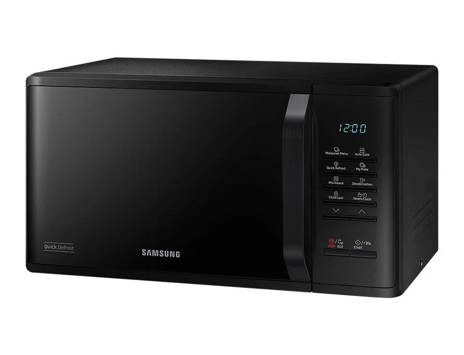 Microonde Samsung nero con orologio digitale e pannello di controllo laterale.
