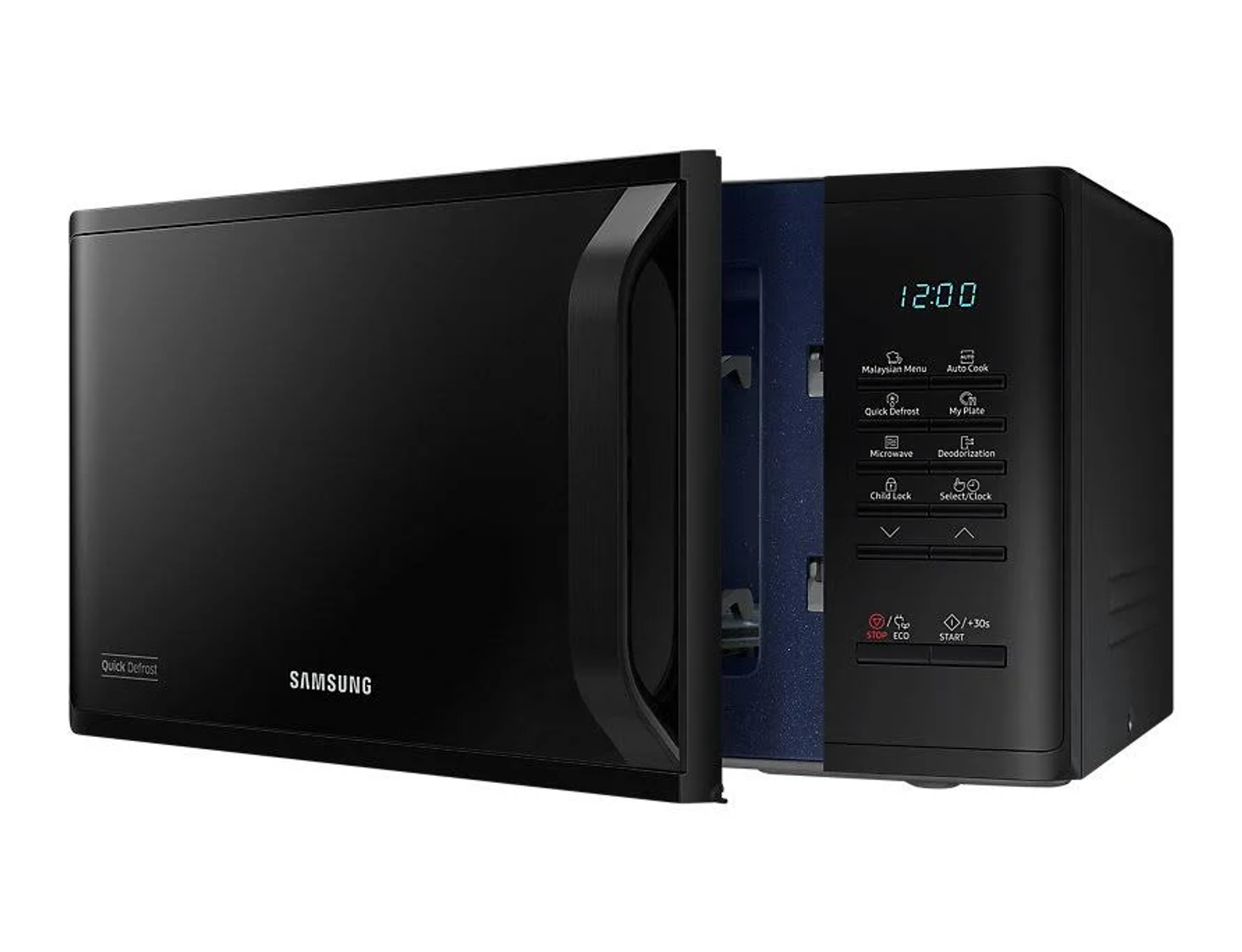 Un forno a microonde Samsung nero con la porta aperta, che mostra l'interno e il pannello di controllo.