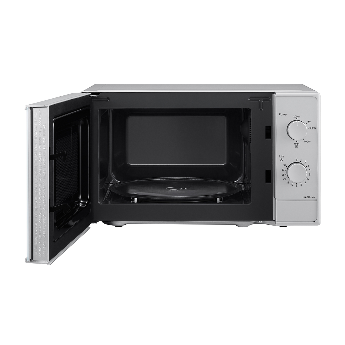 Un horno de microondas abierto, mostrando el interior con un plato de vidrio dentro.