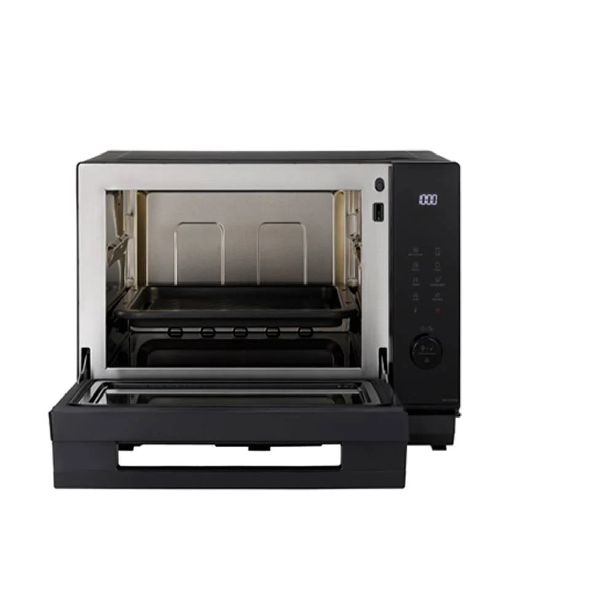 Czarna kuchenka mikrofalowa z otwartymi drzwiami. Taca w środku. Wyświetlacz cyfrowy widoczny po prawej stronie.
