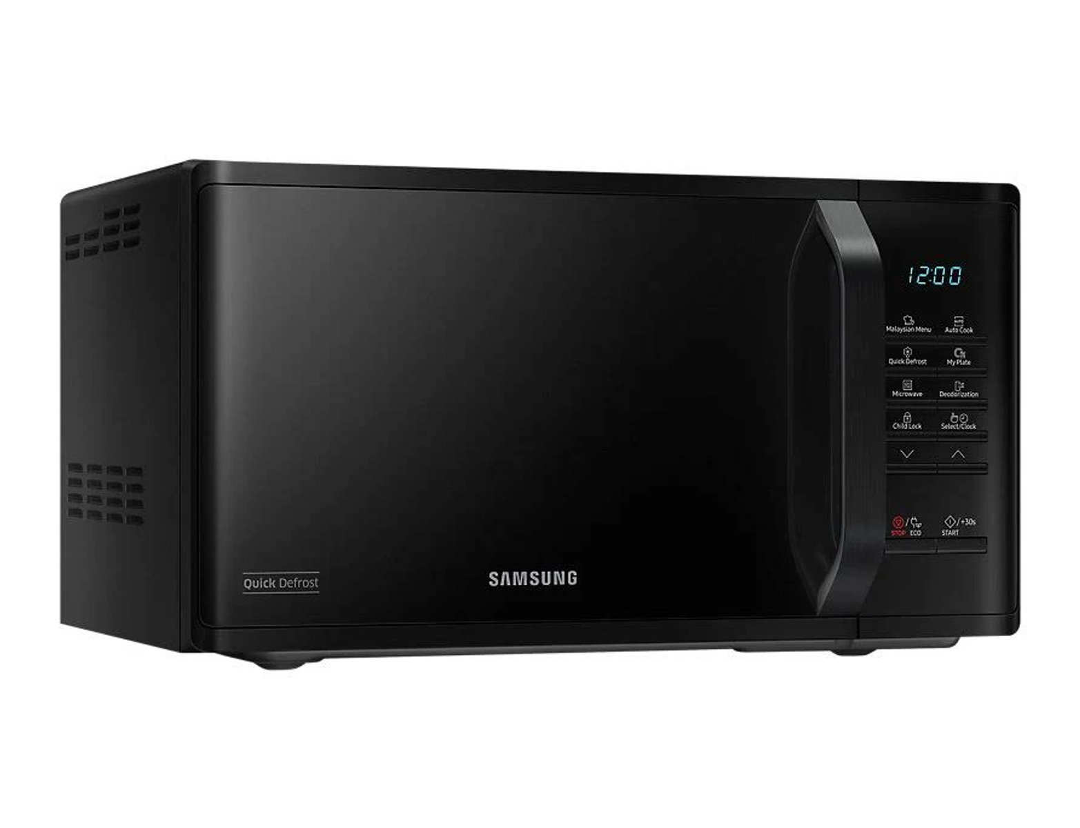 Forno a microonde nero. Il display digitale mostra l'ora. Logo Samsung.