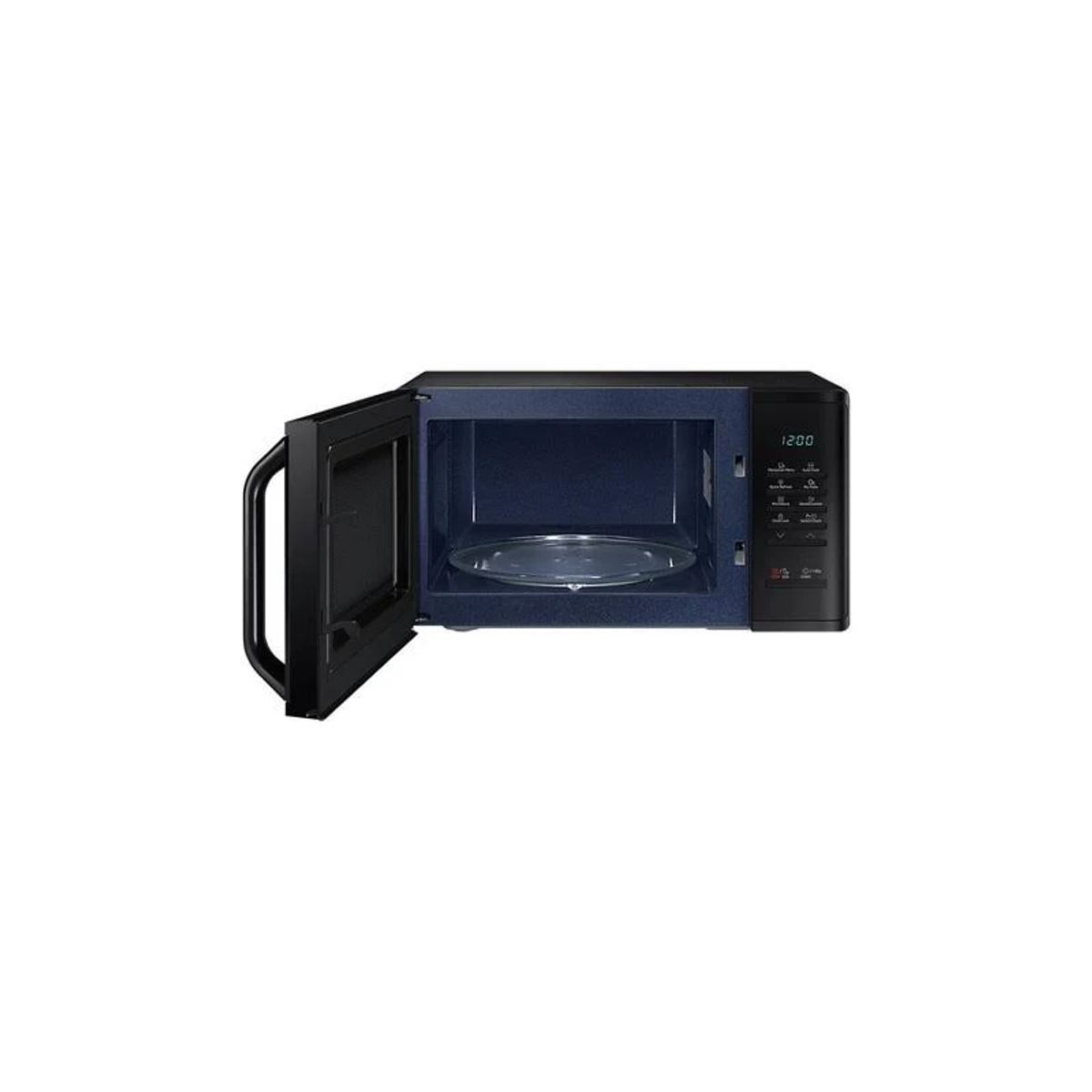 Forno a microonde nero, porta aperta. L'interno è blu, con piatto di vetro. Vista frontale.