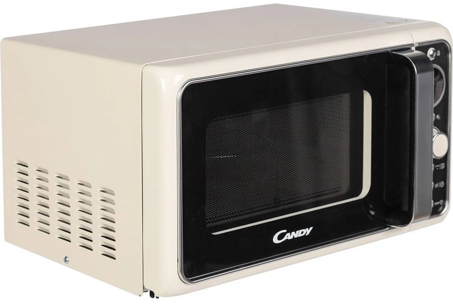 Forno a microonde bianco sporco con porta e comandi neri.