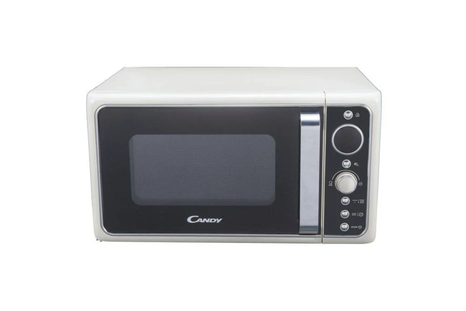Un forno a microonde con esterno bianco e porta nera.
