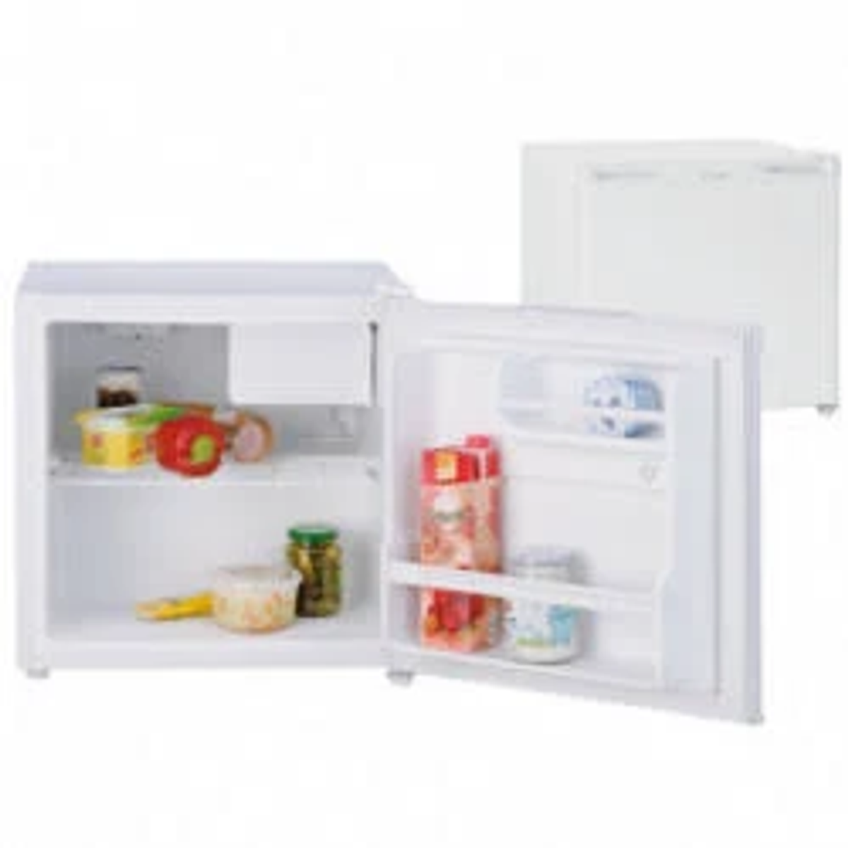 Mała biała lodówka z otwartymi drzwiami, pokazująca zawartość.