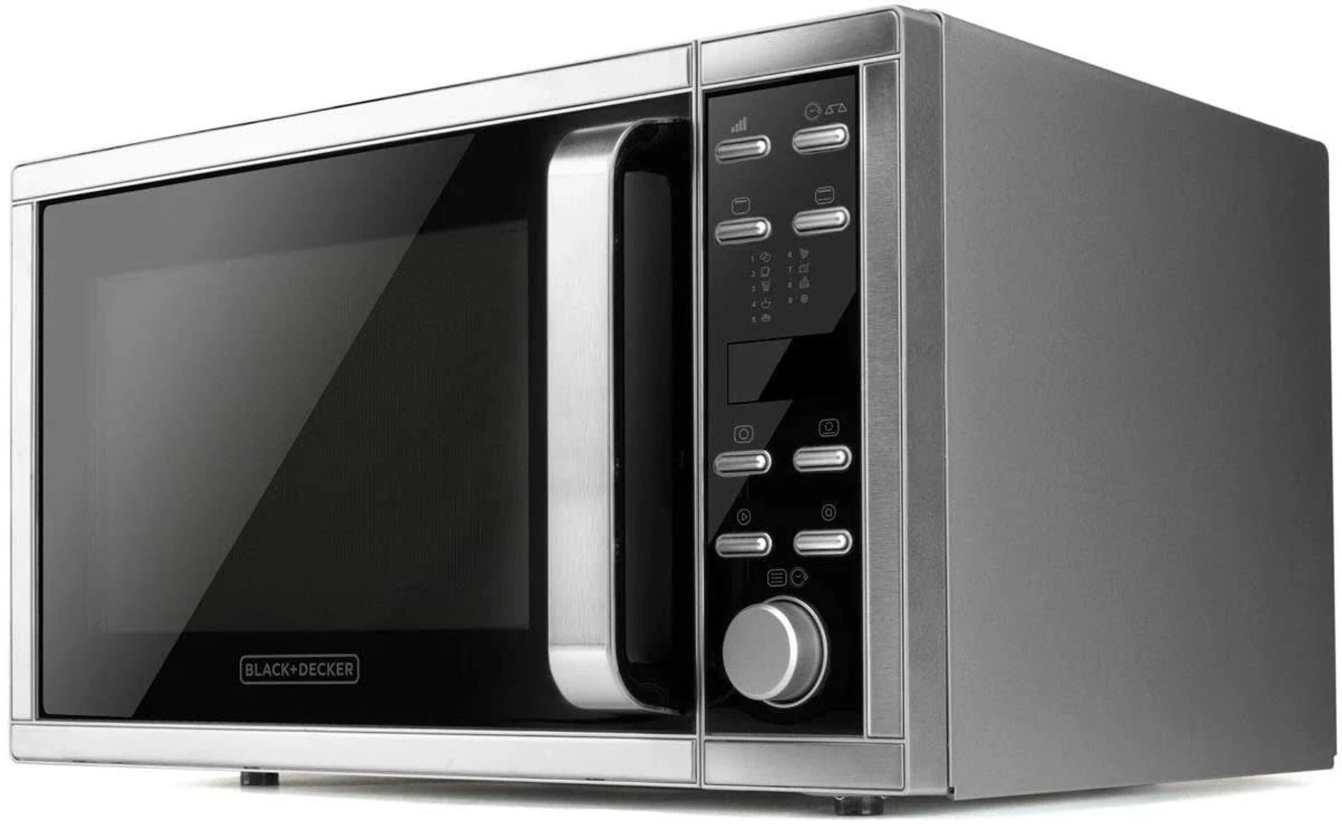 Forno a microonde argentato con porta e pannello di controllo neri. Marchio Black + Decker.