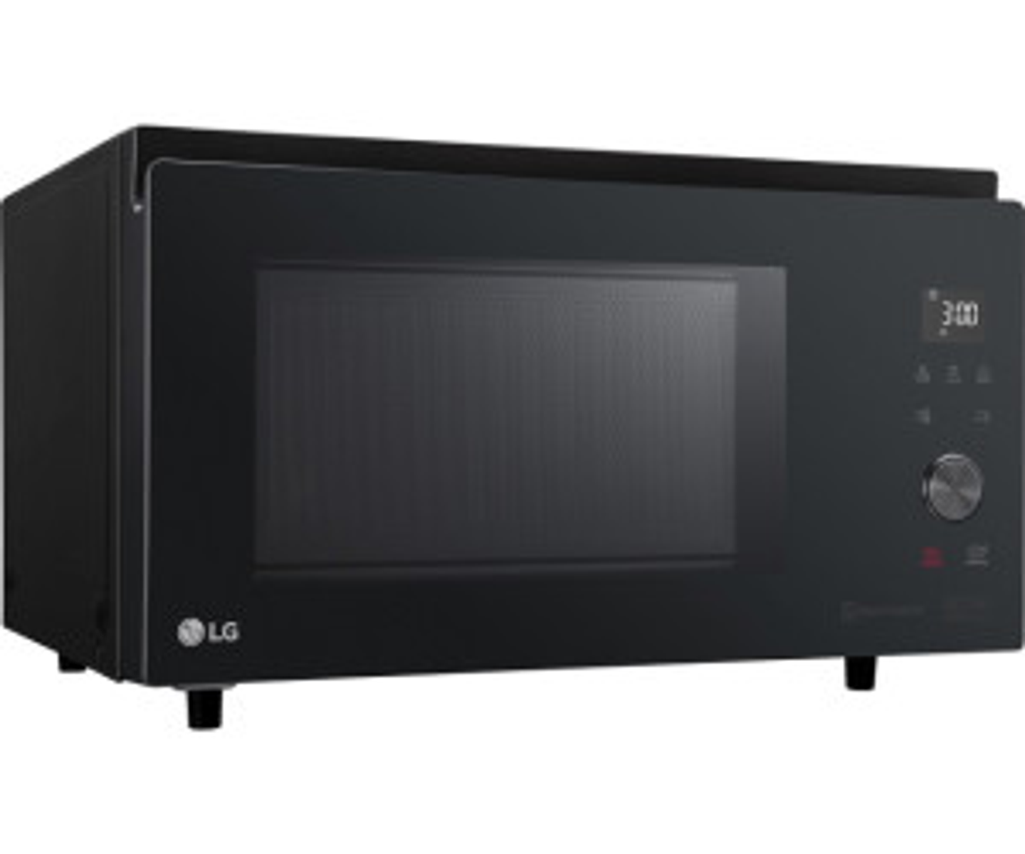 Microonde nero con display digitale che mostra l'ora. Logo LG visibile.
