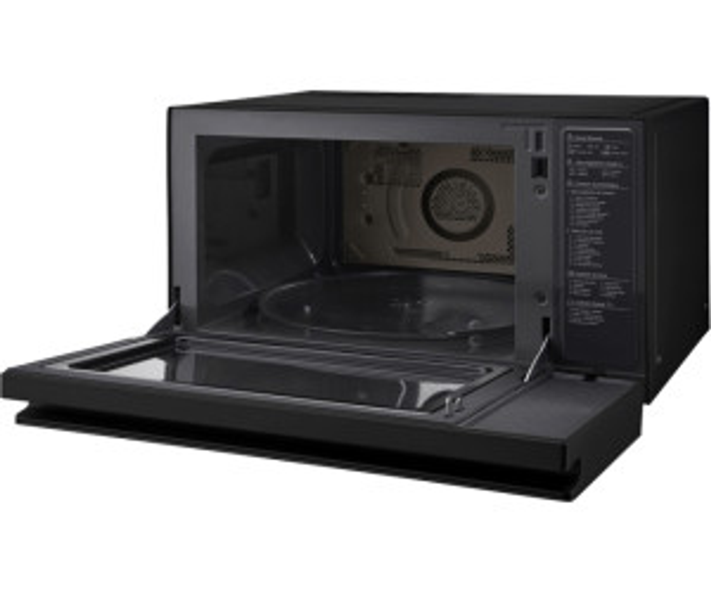 Un forno a microonde nero con la porta aperta, che mostra l'interno con un piatto di vetro.