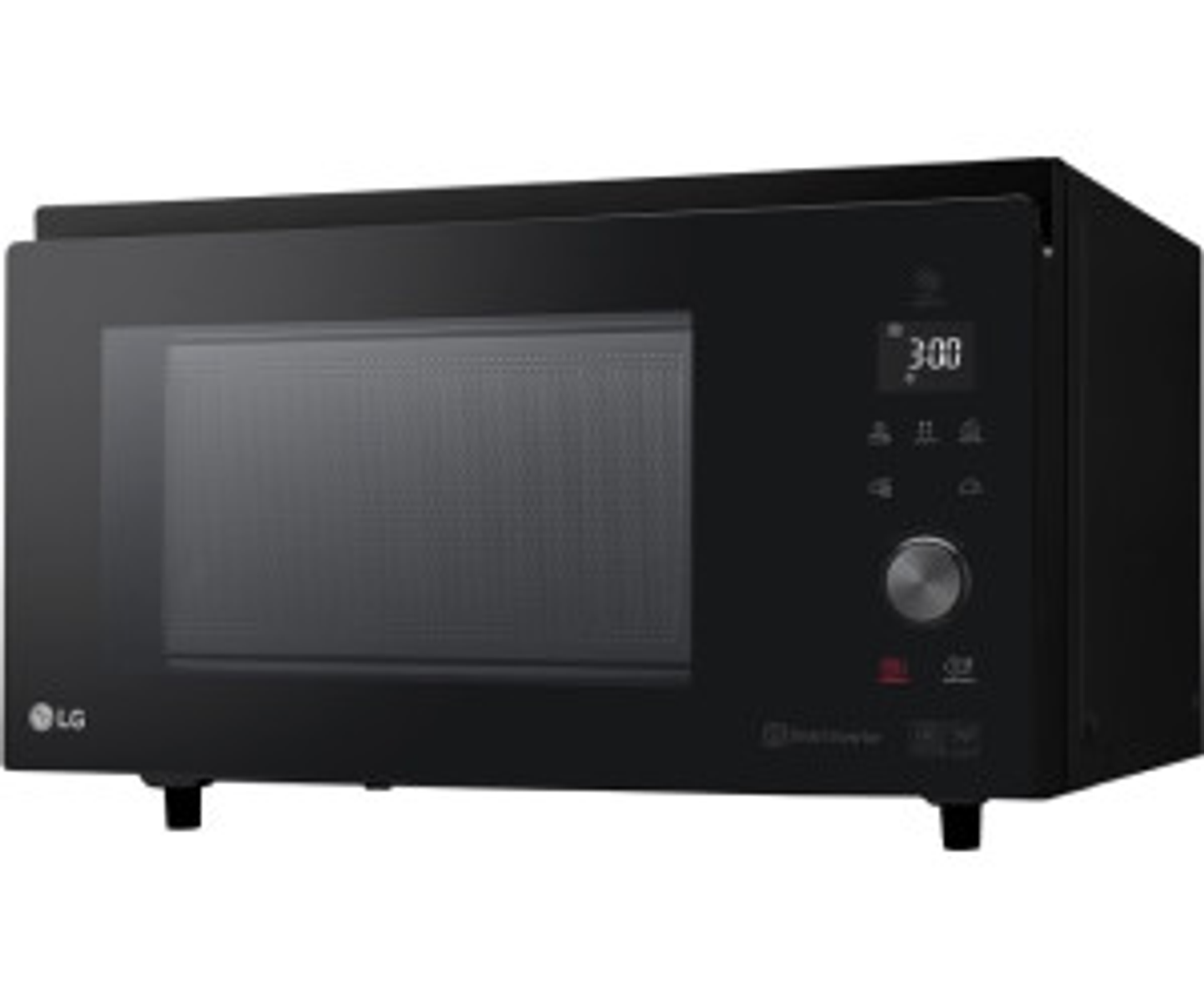 Forno a microonde LG nero con display digitale su sfondo bianco.