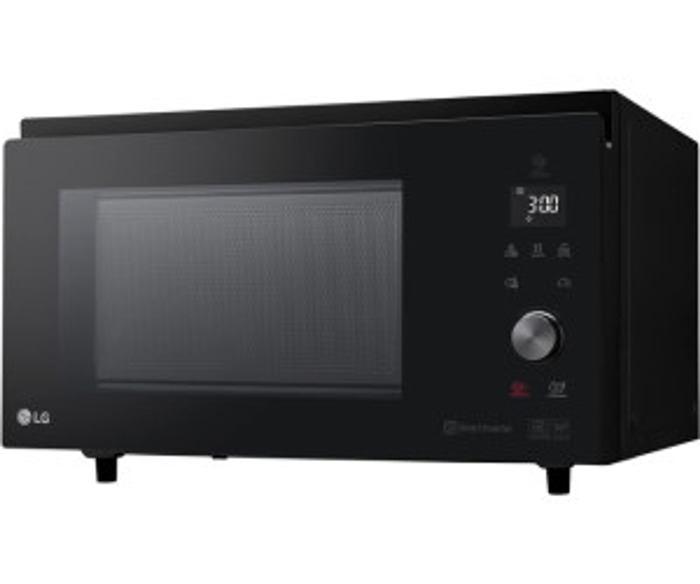 Forno a microonde LG nero. Porta in vetro, display digitale con ora e pulsanti.