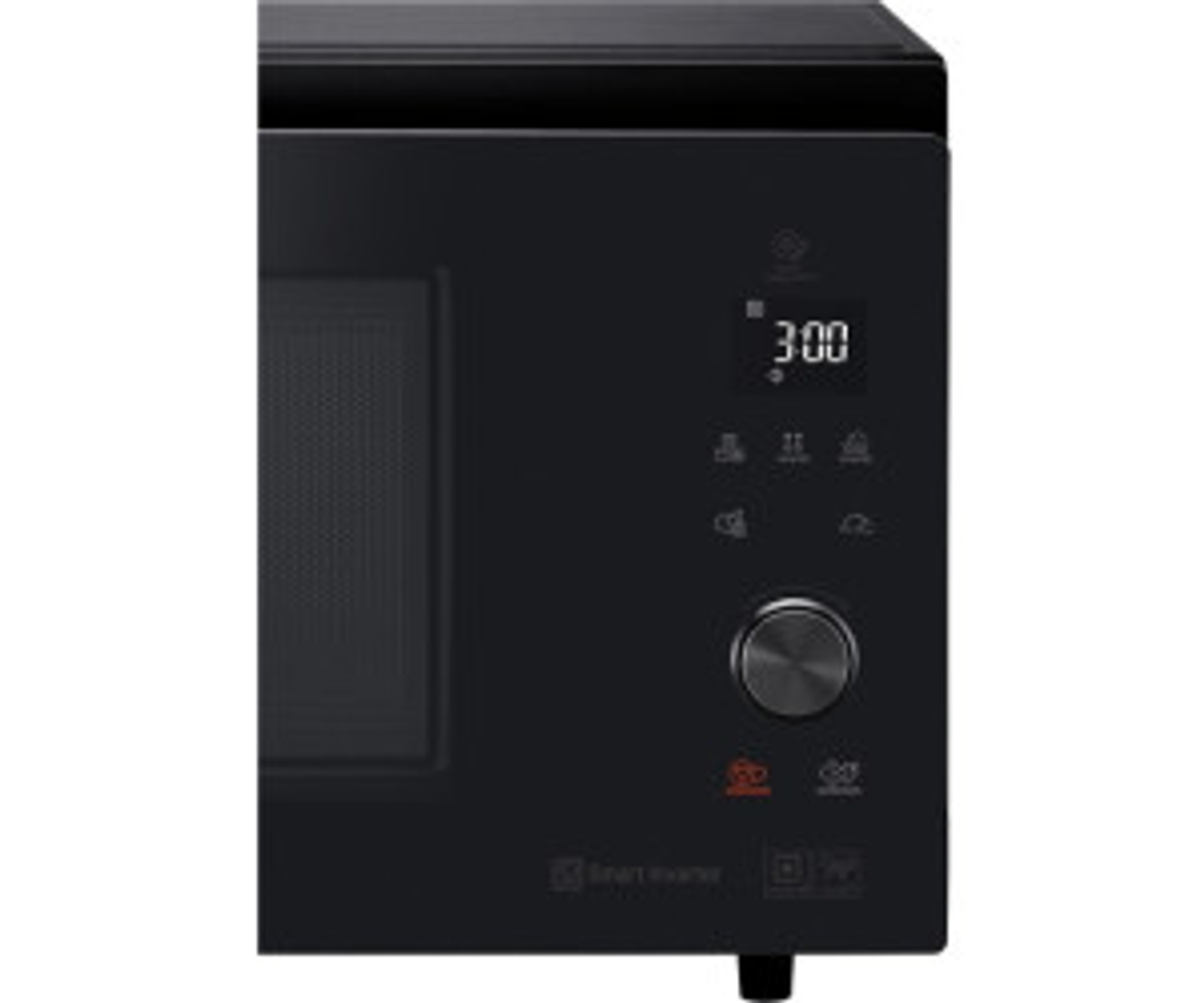 Forno a microonde nero con display digitale 3:00. Comandi sul lato destro.
