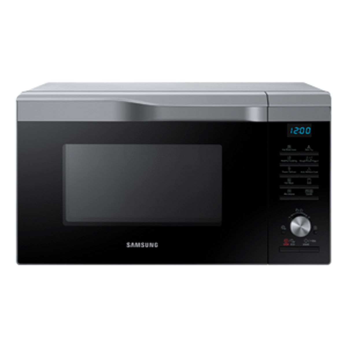 Un forno a microonde nero su sfondo nero, che mostra il display.